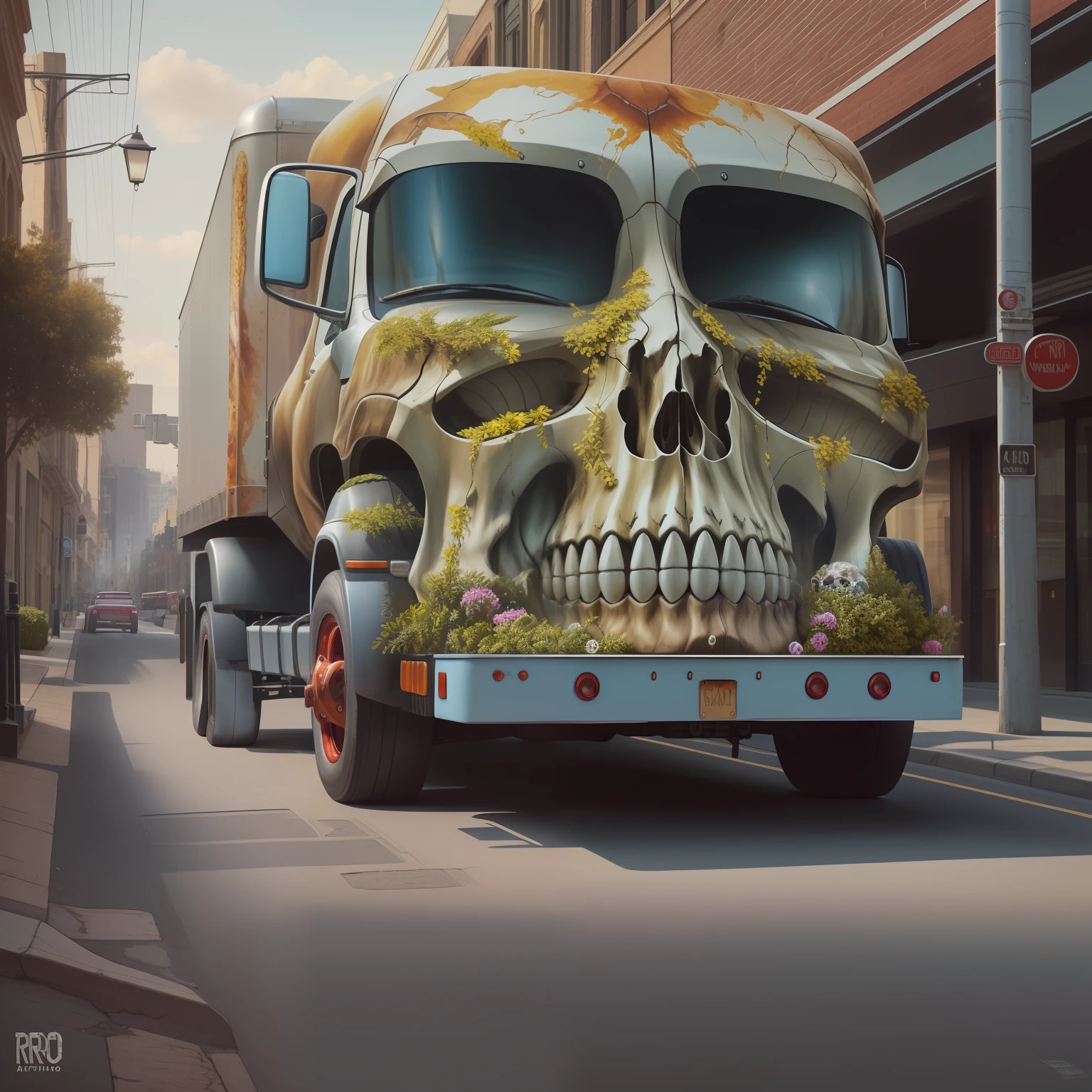 araf truck with a large skull on the front driving down the street, a hyperrealistic painting by Ron English, tumblr, hyperrealism, skull head, skull like, very hyper realistic, realistic paint job, skull face, his head is a skull, stunning artwork, ((skull)), highly detailed 3 d art, monstrous skull, realistic artwork, very very realistic