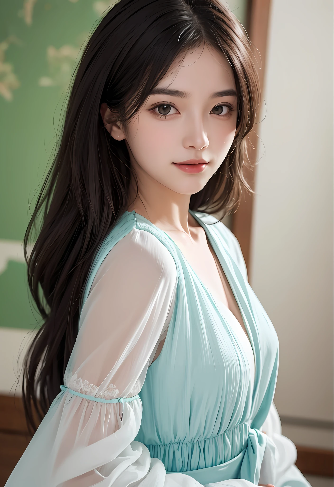 Masterpiece, best picture quality, high quality, beautiful woman, Japanese, popular Korean makeup, detailed, swollen eyes, detailed eyes, detailed skin, beautiful skin, ultra high resolution, (reality: 1.4),very beautiful, slightly younger face, beautiful skin, slender, (ultra realistic), (illustration), (high resolution), (8K), (very detailed) (best illustration), (beautifully detailed eyes), (super detailed), (wallpaper), (detailed face), looking at viewer, fine details, detailed face, pureerosfaceace_v1, smiling, always looking straight ahead, angle from waist up, realistic photo, bright lighting, professional lighting, black hair (some hair is primary color green), long hair green), long hair, dark ruins, gorgeous dress (ruffles), mature woman, long stylish bangs,