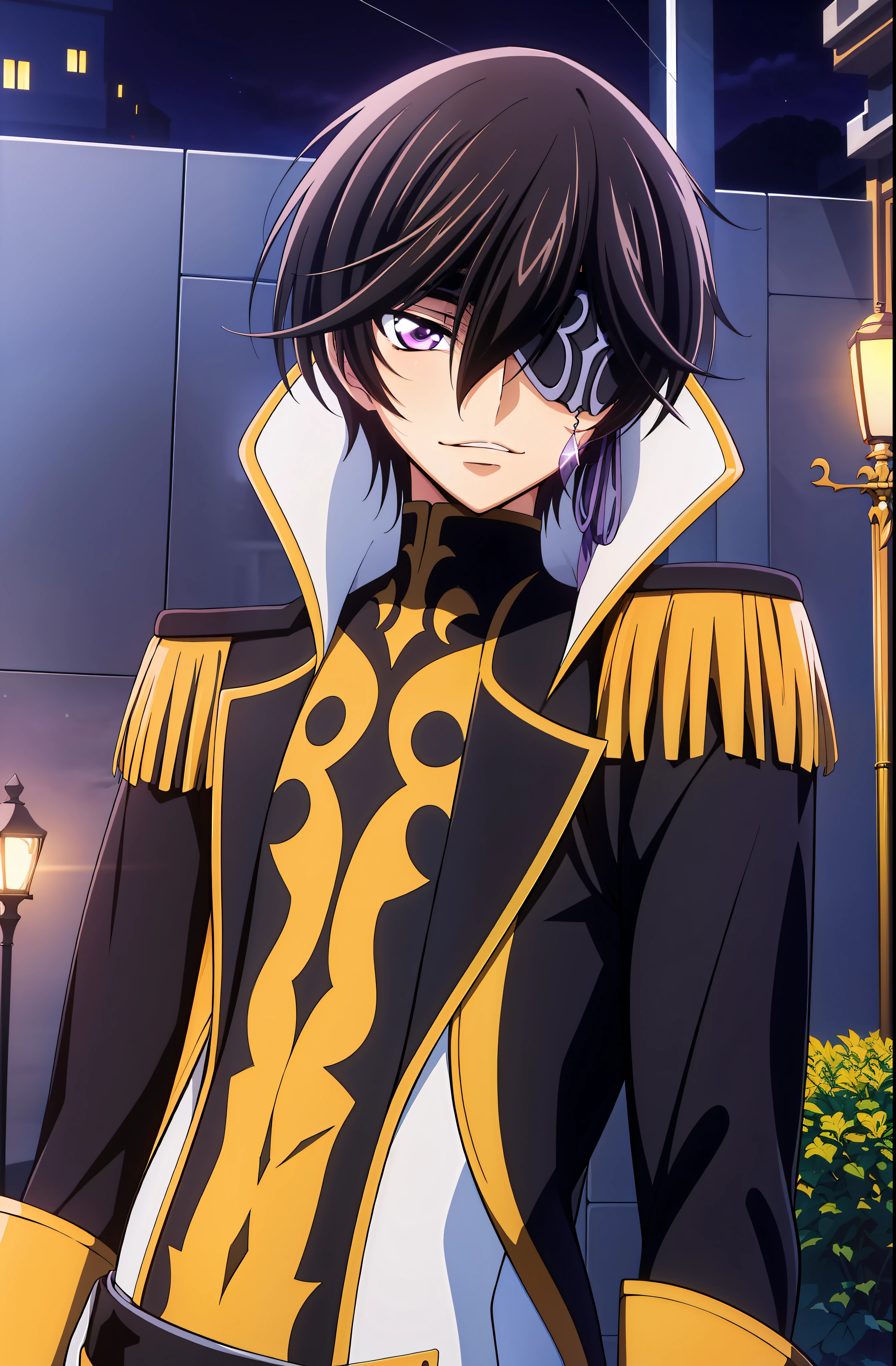 (Night:1.7), Castle,
yellow and black outfit ,holding_staff,black coat,
lelouch_lamperouge,
black_hair,purple_eyes,
1 man, 20yo,male,Beautiful FingerBeautiful body,Beautiful Nose,Beautiful character design, perfect eyes, perfect face,
NSFW,official art,extremely detailed CG unity 8k wallpaper, perfect lighting,Colorful, Bright_Front_face_Lighting,
(masterpiece:1.0),(best_quality:1.0), ultra high res,4K,ultra-detailed,
photography, 8K, HDR, highres, absurdres:1.2, Kodak portra 400, film grain, blurry background, bokeh:1.2, lens flare, (vibrant_color:1.2) Standing