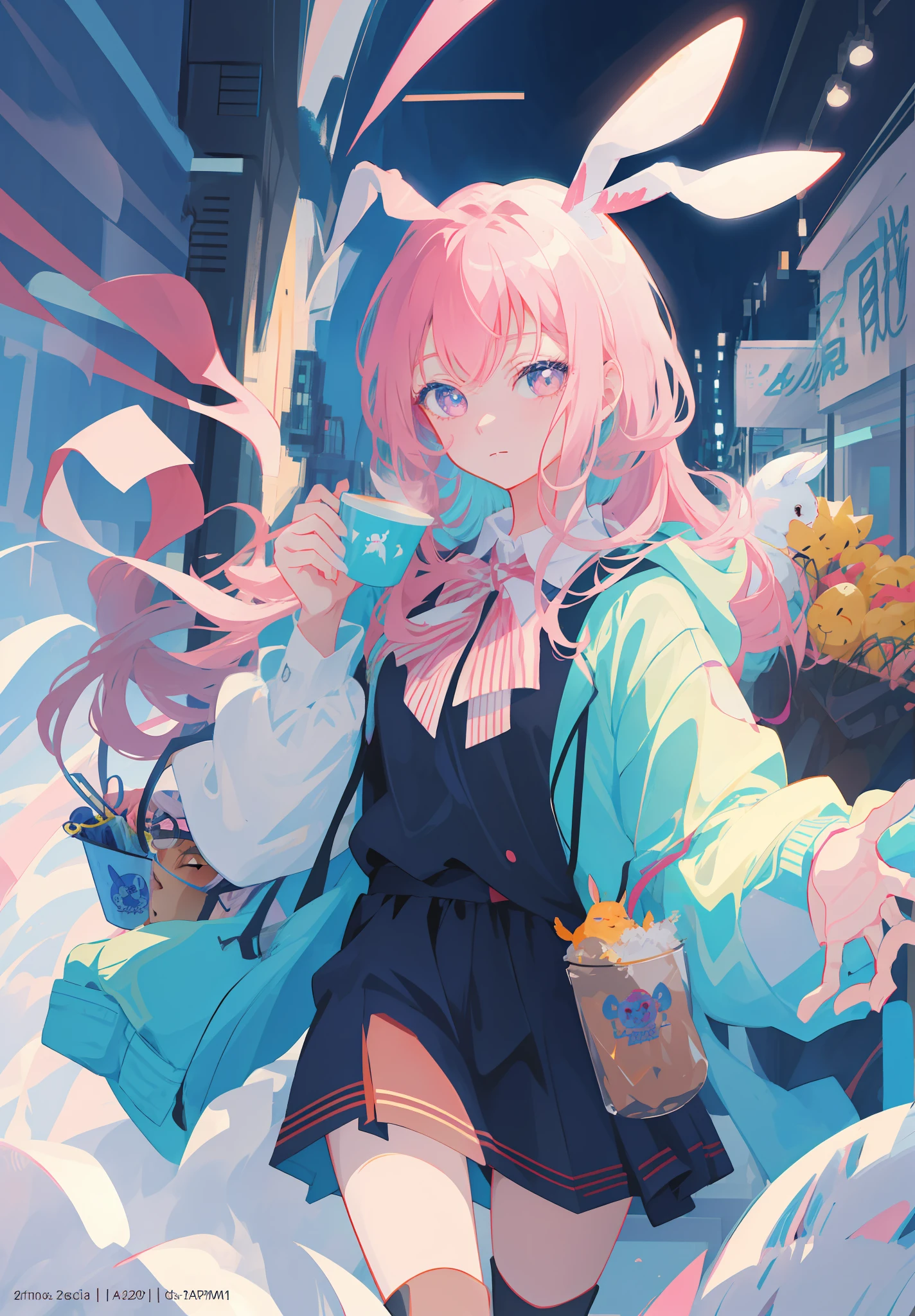 Anime girl with rabbit ears holding a cup of coffee, Kawaii realistic portrait, anime moe art style, Digital anime illustration, Anime style illustration, shikamimi, anime illustration, sakimichan, style of anime4 K, anime art style, anime vibes, Anime style portrait, high detailed official artwork, anime visual of a cute girl, Official artwork