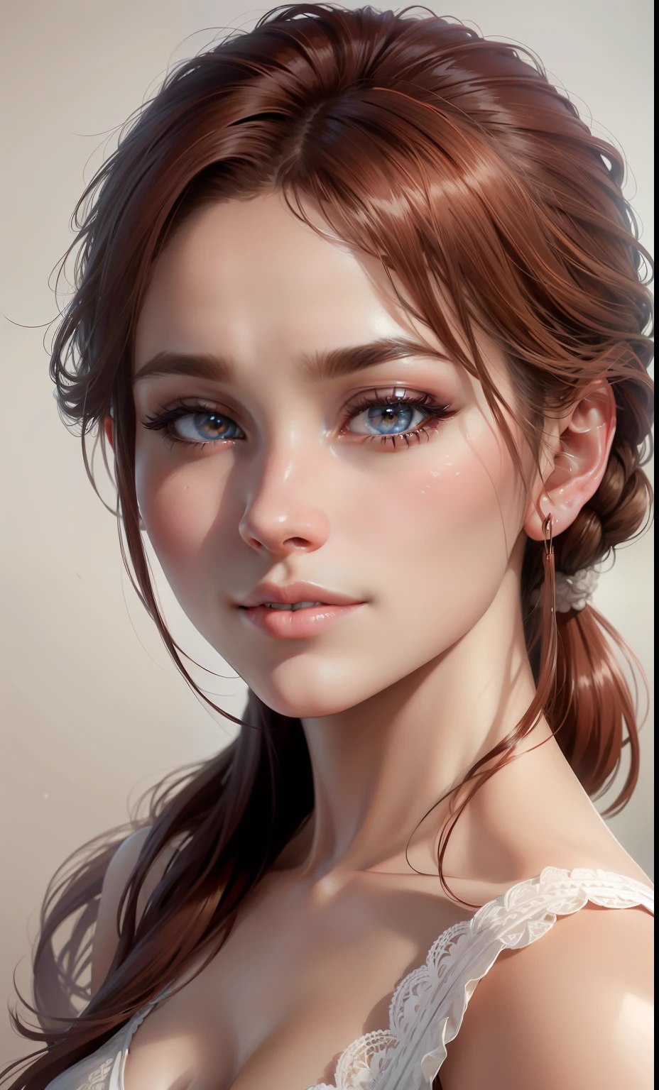 8k, ((A slight smil)),Photorealism, infp young woman, 23 years old, Pose from waist up, Look at viewers, ((alluring face)), Real skin, fulcolor, topquality, a very delicate and beautiful, Raw photo details, professional photograpy, 独奏, Beautiful lips, Real skin, fulcolor, Raw photo details, Realistic Pictures Beautiful Realistic Eyes, beautiful look, chestnut bristles, Maroon Eyes, warm dreamy lighting, White background, Volumetric lighting, Dynamic gradients, Vivid Color, Highly detailed vector curves, Smooth and clean, Cinematic, ornate pattern, Collection of masterpieces --auto