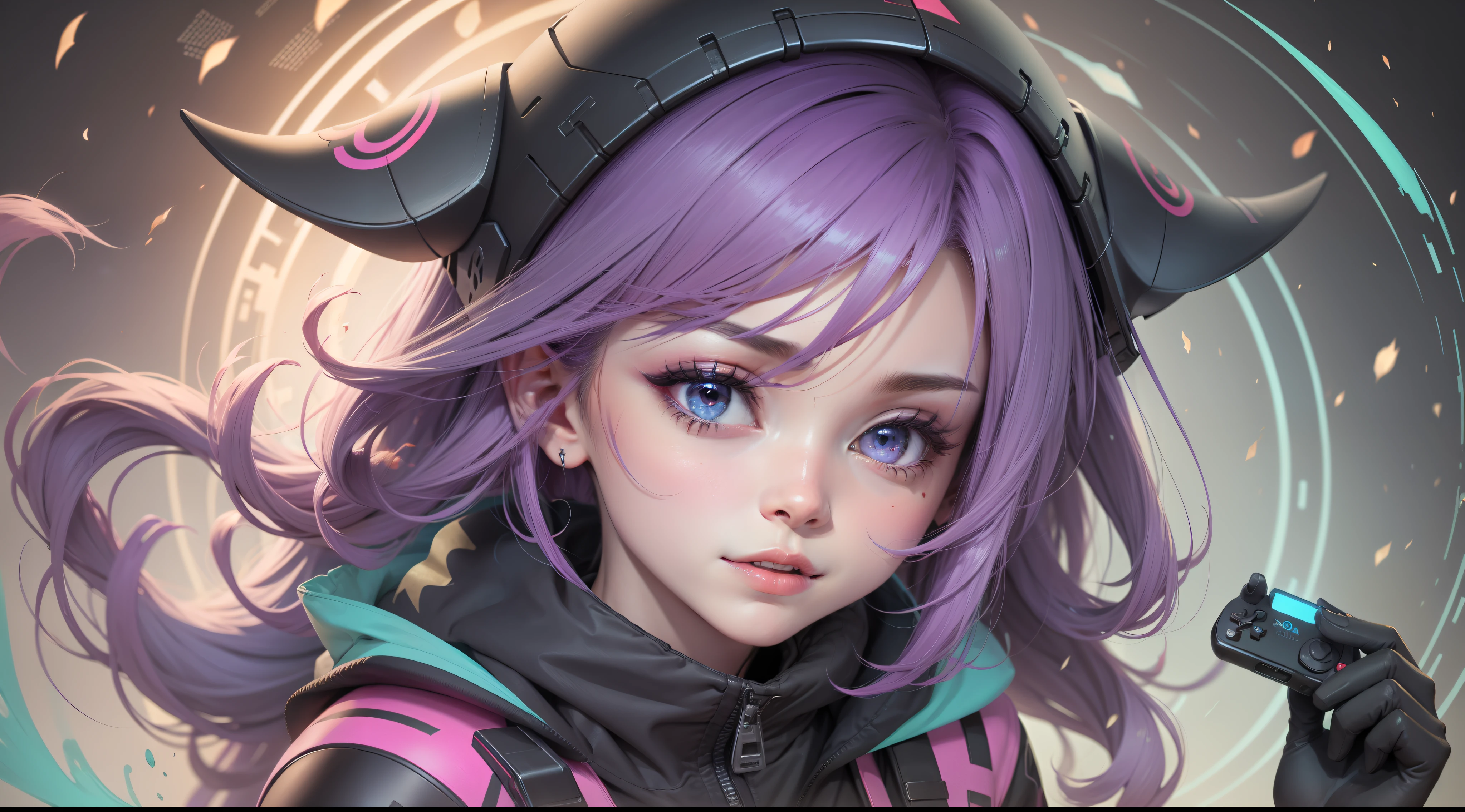 Mulher ninja com fone de ouvido sentido paz, olhos fechados, rosto bonito, cores RGB, cabelo roxo brilhante, colorido anime, fundo brilhante, Banner for youtube video, feliz, nuvens com cores RGB, cores RGB brilhantes, completo, ser celestial, garota gamer.