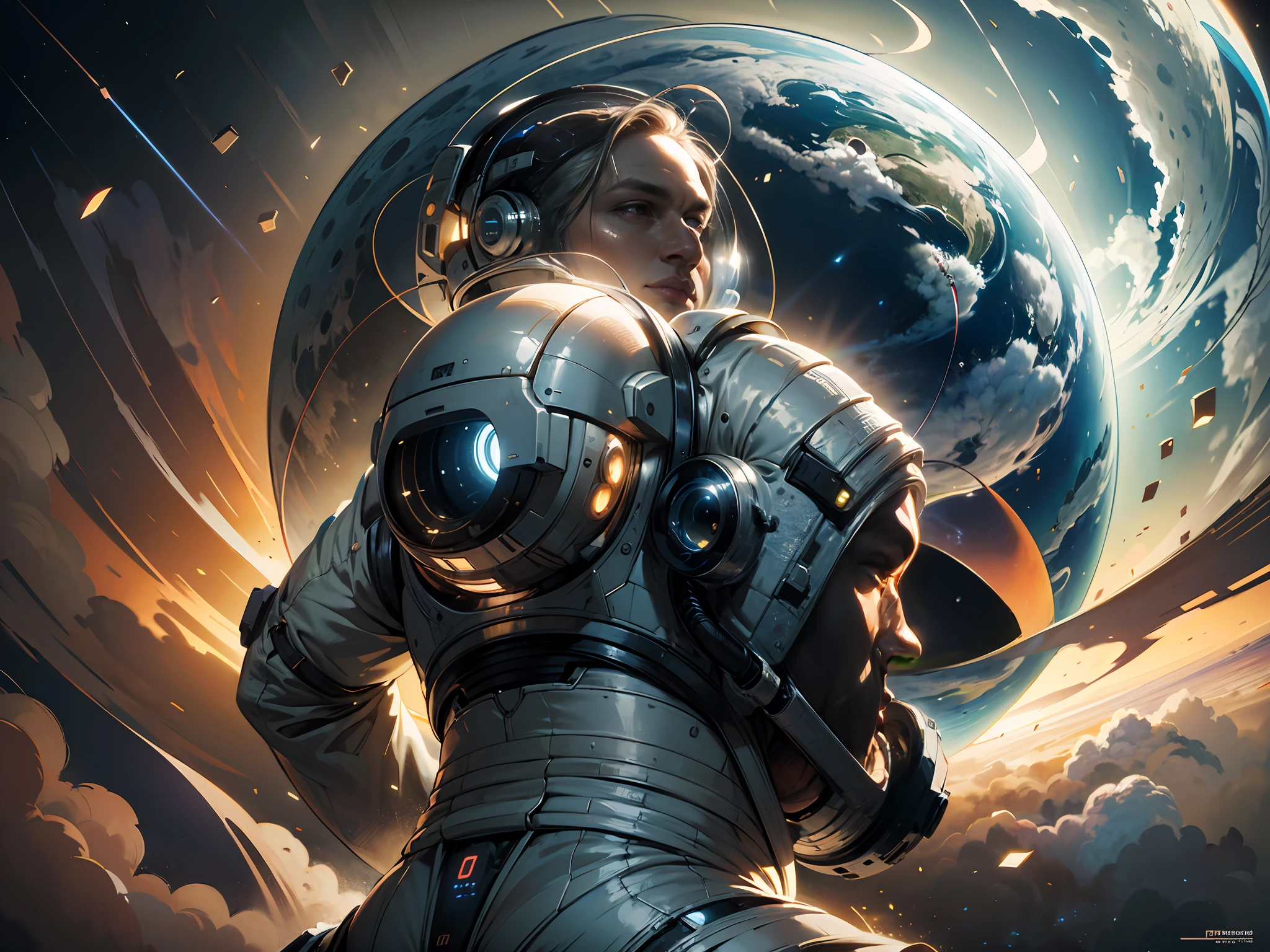 ((Masterpiece)), (Best Quality)), 8K, high detail, hyper-detail, the painting depicts a scene of breathtaking magnificent spatial images. The picture shows a man wearing a spacesuit, facing back, looking at another glowing planet in space. The scenes are extremely detailed and the clarity is extraordinary, capturing every intricate detail of the panorama.