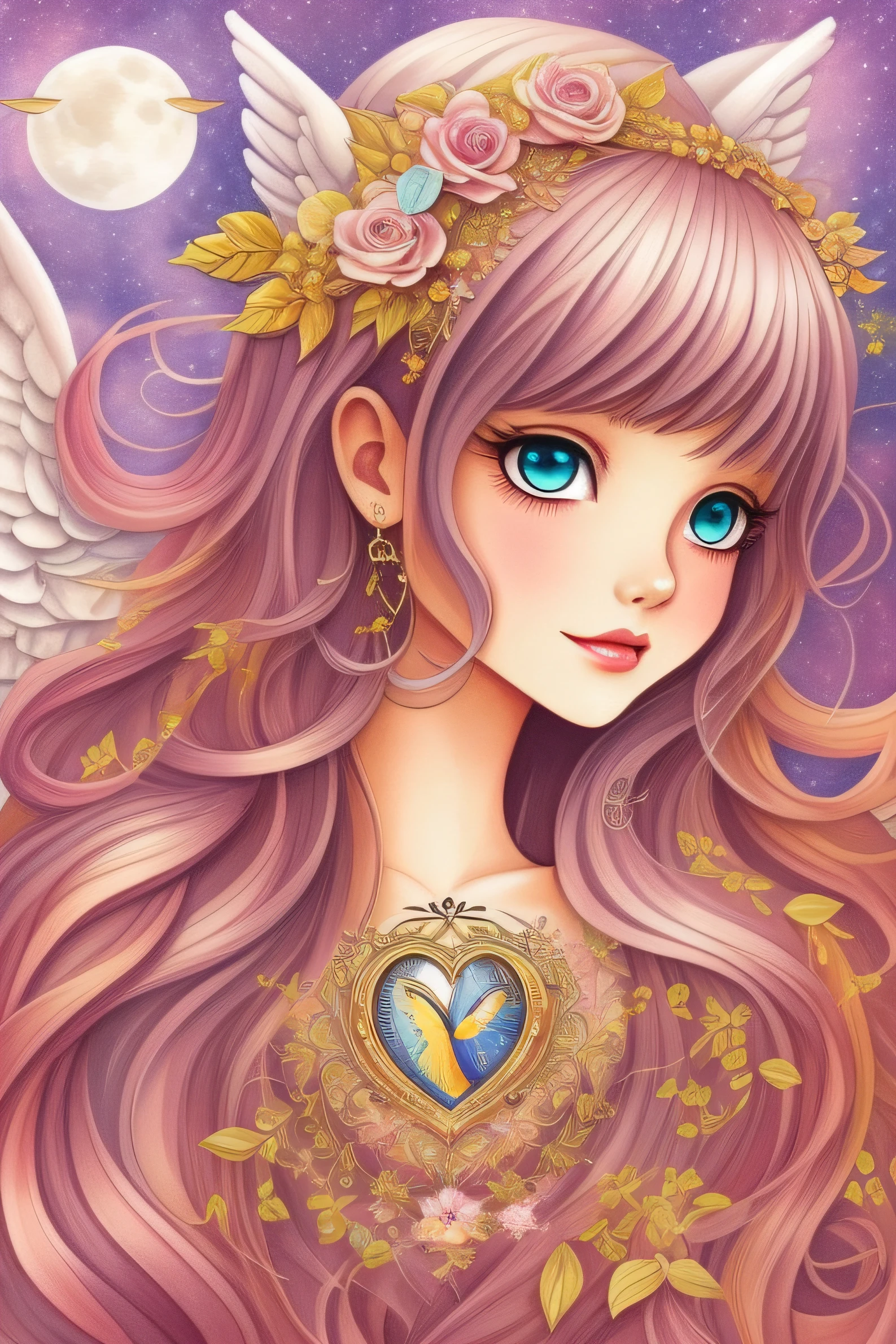 Watercolor beautiful magical, beautiful Mystic Goddess, flowing heart, vintage frame, with angel wings, smile, feathers, stars, roses, moon, facing side, fantasy illustration, perfect face, with beautiful face and with stars, beautiful light hair, perfect eyes, gold light, vivid vibrant colors, intricate detail, hyper detailed, hyper quality, 32K, unreal engine, isolated on white background, kawaii, clipart, fantasy art