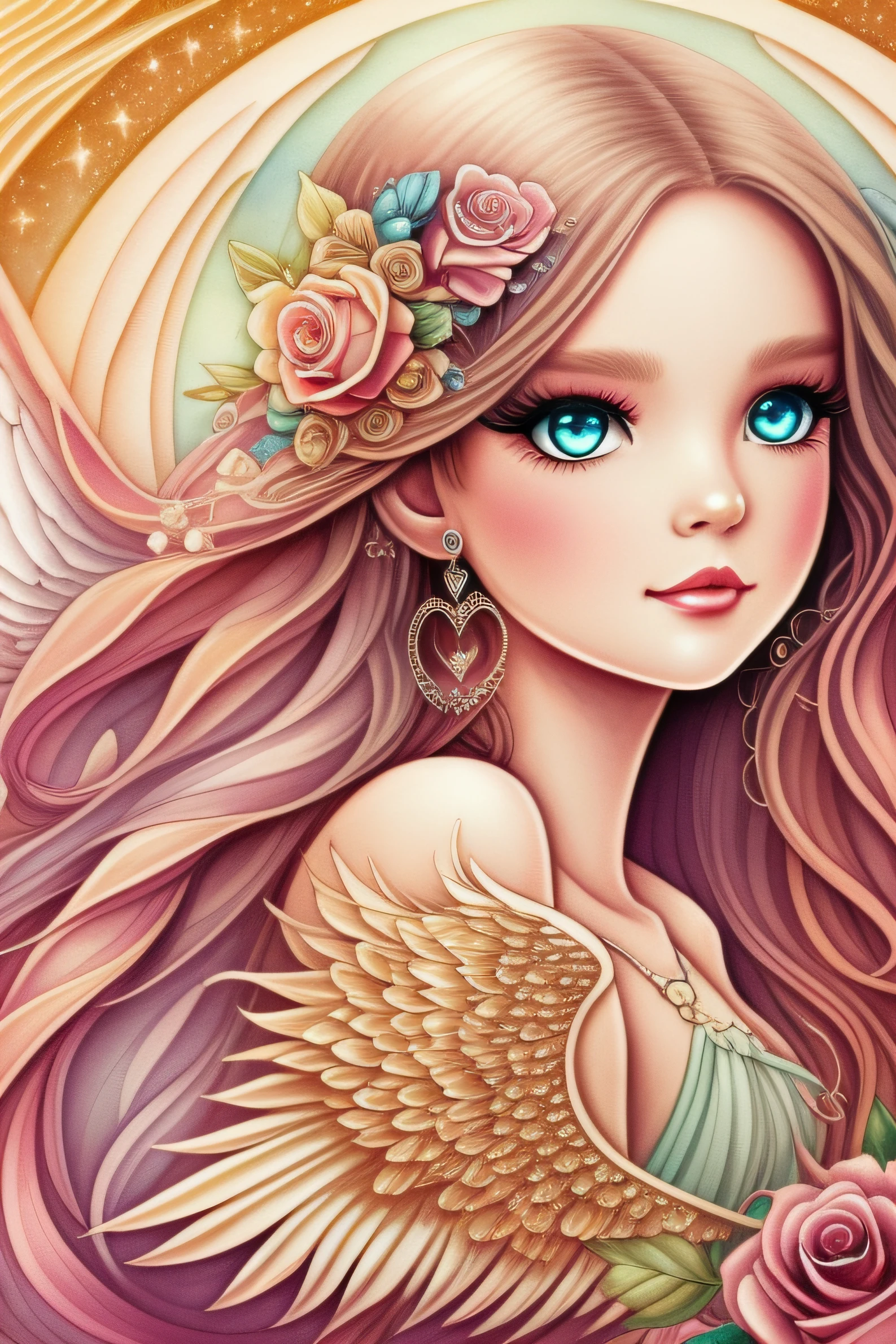 Watercolor beautiful magical, beautiful Mystic Goddess, flowing heart, vintage frame, with angel wings, smile, feathers, stars, roses, moon, facing side, fantasy illustration, perfect face, with beautiful face and with stars, beautiful light hair, perfect eyes, gold light, vivid vibrant colors, intricate detail, hyper detailed, hyper quality, 32K, unreal engine, isolated on white background, kawaii, clipart, fantasy art