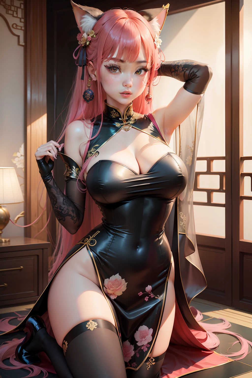 Large breasts, Blue hair, upper legs, white thighhighs, Pink clothes, Long legs, No bra, High heel, Pink eyes, Heart eyes, heart shaped breasts, Bare_hindquarters, bangs, areola of breast, Elbow gloves, Chinese dress, Fat ass, hair tying, wears_navel, Looking_at_peeping at the viewer, Arms_Behind_Head, Blush, Sleeveless_dress, Long hair, cosplay,Fantastic,The back of the hand is behind the back,Hands up behind your head,Broad lighting,Glossy Clothes,Chinese-style architecture,China-style,gazebo,Lace,Quaint,Tight cheongsam,Flowing cheongsam,Chinese style cheongsam,on cheongsam,Gold ornaments,(Elbow gloves:1.0),Silk gloves, Chinese dress, Fat ass, hair tying, wears_navel, Looking_at_peeping at the viewer, Arms_Behind_Head, Blush, Latex cheongsam, Long hair, cosplay,Fantastic,The back of the hand is behind the back,Hands up behind your head,Broad lighting,Glossy Clothes,Chinese-style architecture,(Tight cheongsam:1.0),Chinese style cheongsam,on cheongsam,Gold ornaments,Over the sleeves,(on cheongsam:1.0),(Put your hands behind your head:1.0),Facing the viewer,autumnal,Beds,high-heels,(stocklings:1.3),Lace wreath on the legs,bangle,eardrop,choker necklace,jewelery,Ribbons,lace-trim,Heavy makeup,long whitr hair,High ponytail,hair straight,Princess cut,Be red in the face,Seductive smiles,Qi bangs,latex,(Black gloves:1.0),White stockings,perfect bodies,Green hair,fox ear,Qi bangs,Curvaceous,multicolored hair,between breasts,Arms up,(Open legs:1.0),curvy hip,spread_Legs,Kneeling,bunnysuit,Pink cheongsam,tightsuit,Corset, --auto
