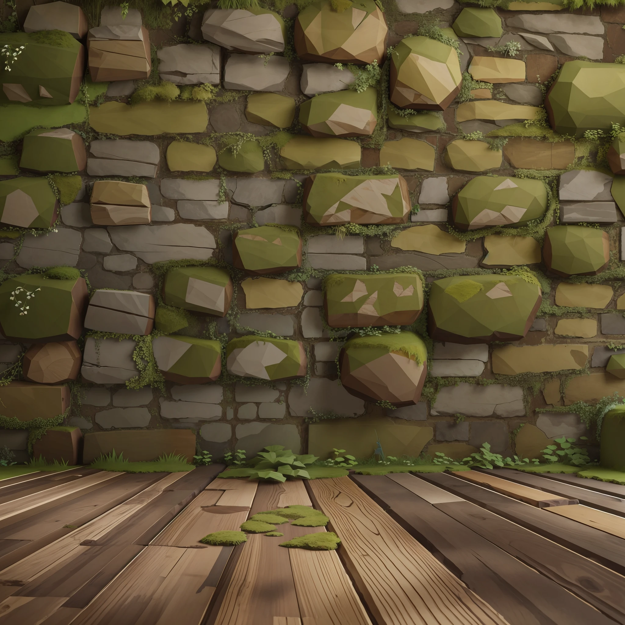 old wooden floor, old wallpaper, old brickwork wall, moldy wall, moss, 3d lowpoly style, low poly, ps1 game style, UHD, high details, best quality, highres, 8k