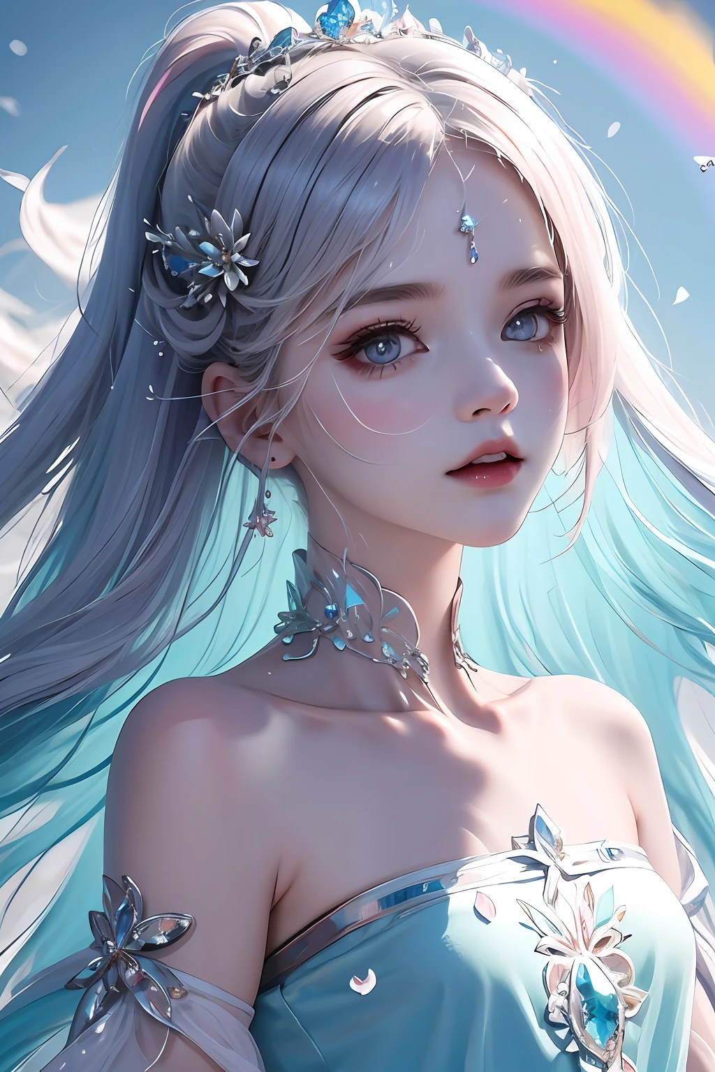 (Pink fashion T-shirt: 1.9), (Colorful hair: 1.8), (Rainbow all colors: 1.8), (((Vertical painting: 1.6))), (Painting: 1.6), Front, manga, illustration, painting, big eyes, crystal clear, (rainbow gradient high ponytail: 1.7), delicate makeup, shut up, (small freshness: 1.5), (bandeau: 1.6), long eyelashes, white off-the-shoulder T- shirt, White Shoulder Shirt, looking at the audience, Big watery eyes, (rainbow hair: 1.6), color splash, (solo:1.8), color splash, color explosion, colour splash, color explosion, thick lacquer style, messy lines, ((shining)), (colorful), (colorful), (colorful), colorful, Thick Paint Style, (Splash) (Color Splash), Vertical Painting, Upper Body, Paint Splash, Acrylic Pigment, Gradient, Paint, Highest Image Quality, Masterpiece, Solo, Depth of Field, Face Paint, colorful clothes, (elegance: 1.2), gorgeous, long hair, wind, (elegance: 1.3), (petals: 1.4), ((masterpiece))), ((best quality))), (ultra-detailed), (illustration), (dynamic angle), (floating), (paint), ((loose hair)), (solo), (1girl), ( ( ( detailed anima face))), (( Beautiful detailed face)), collar, exposed shoulders, BLOND hair, ((colored hair)), ((striped hair)), beautiful BLUE detailed eyes, (gradient eyes), (colored eyes))), (colored background))), (high saturation))), ((surrounded by colorful splashes))),