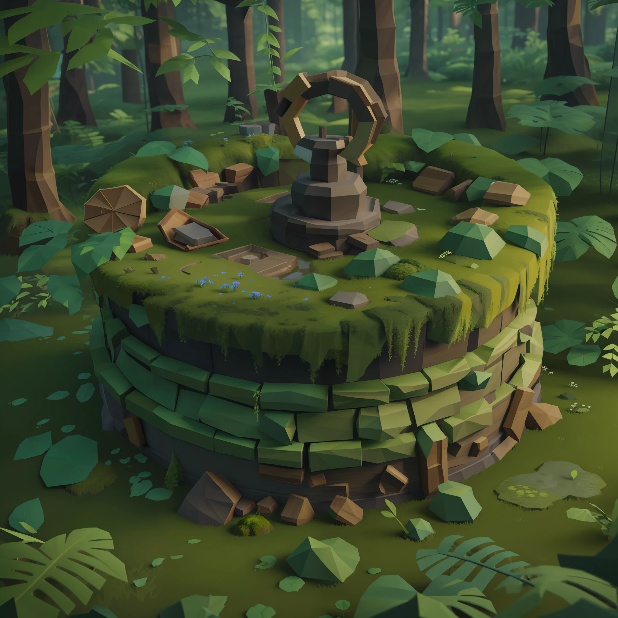 Old handmade well covered with moss in the middle of a forest, 3d lowpoly style, low poly, ps1 game style, UHD, high details, best quality, highres, 8k