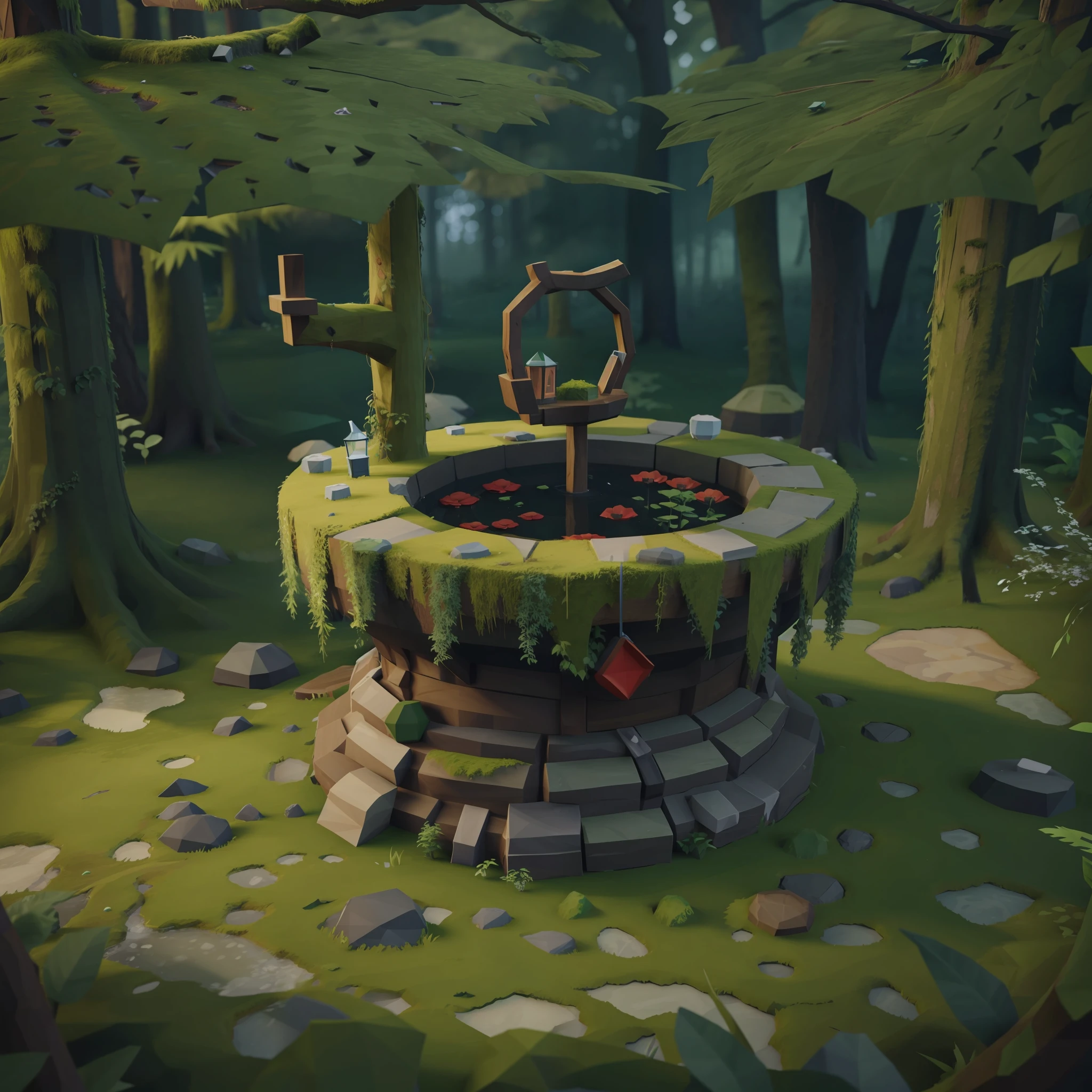 Old handmade well covered with moss in the middle of a forest, 3d lowpoly style, low poly, ps1 game style, UHD, high details, best quality, highres, 8k