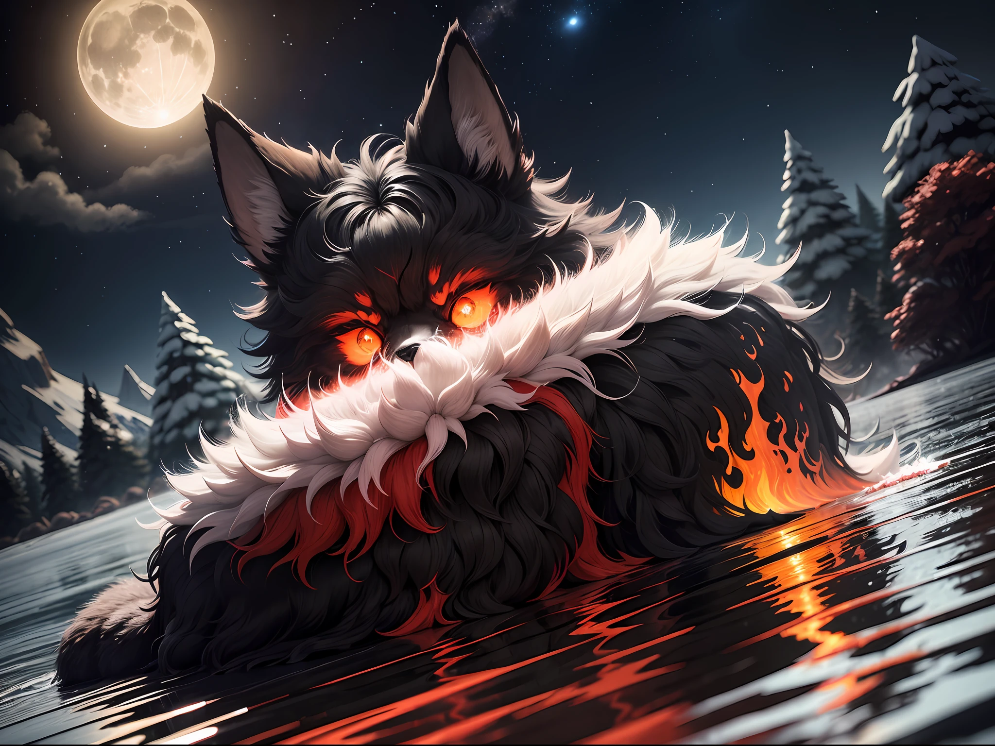 um lobo de pelos negro, olhos de fogo sobre as suas patas em cima da agua refletidndo uma lua vermelha na noite de um ceu estrelado e no fundo uma floresta de pinheiro com um pouco de nevoa --auto