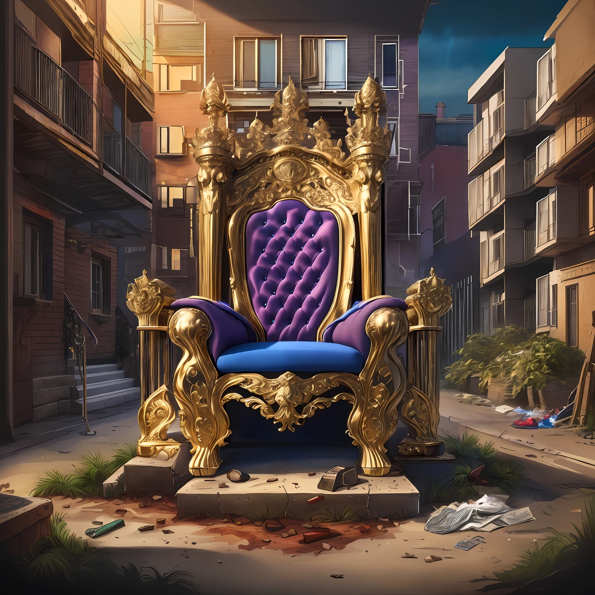 there is a gold and purple chair sitting on a street, broken throne, lying a throne in a fantasy land, stylized urban fantasy artwork, golden throne, gold throne, high detailed official artwork, throne, official artwork hdr, realistic fantasy illustration, sat in his throne, 3 d epic illustrations, sitting in a gilded throne, sit on throne, throne of olympus