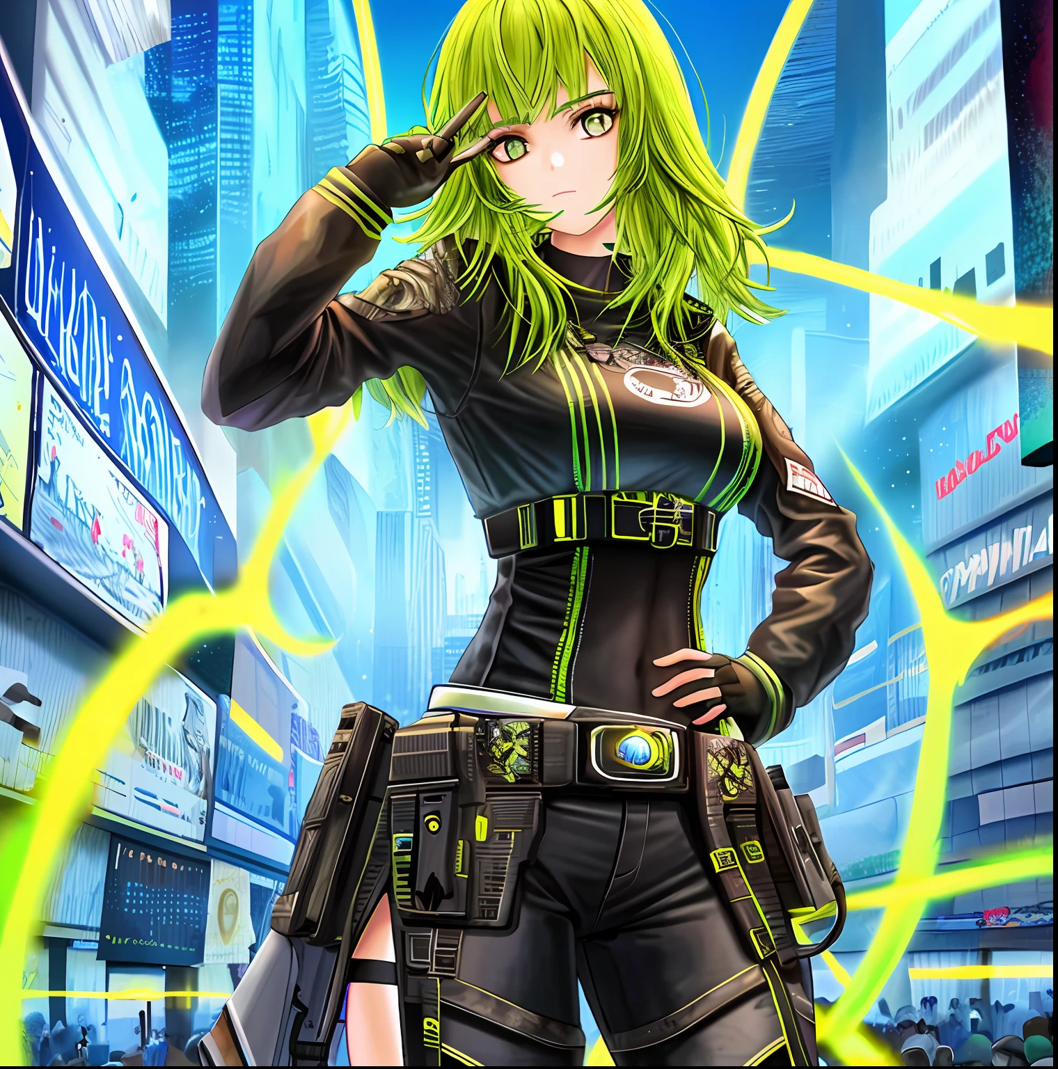 obra-prima, melhor qualidade, 1 girl, solo, cabelo loiro, olhos verdes, cyberpunk, rua, machines, motocicleta, panorama, cabelos loiros, rosto feminino, sensual, barriga de fora