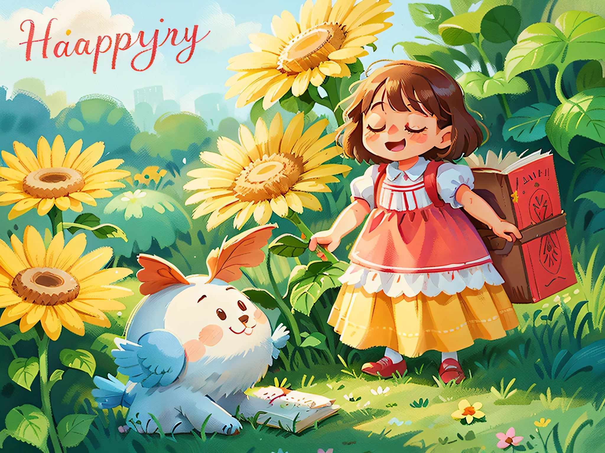 In the grass there is a painting of a girl and a bird, happy sunny day, Happy girl, cute storybook illustration, children's book illustrations, colorful kids book illustration, she is happy, children's book illustrations, children's book illustrations, Children's book illustration, children's book illustrations, children's book illustrations, children illustration, Happy, Happy friends, Children's illustration