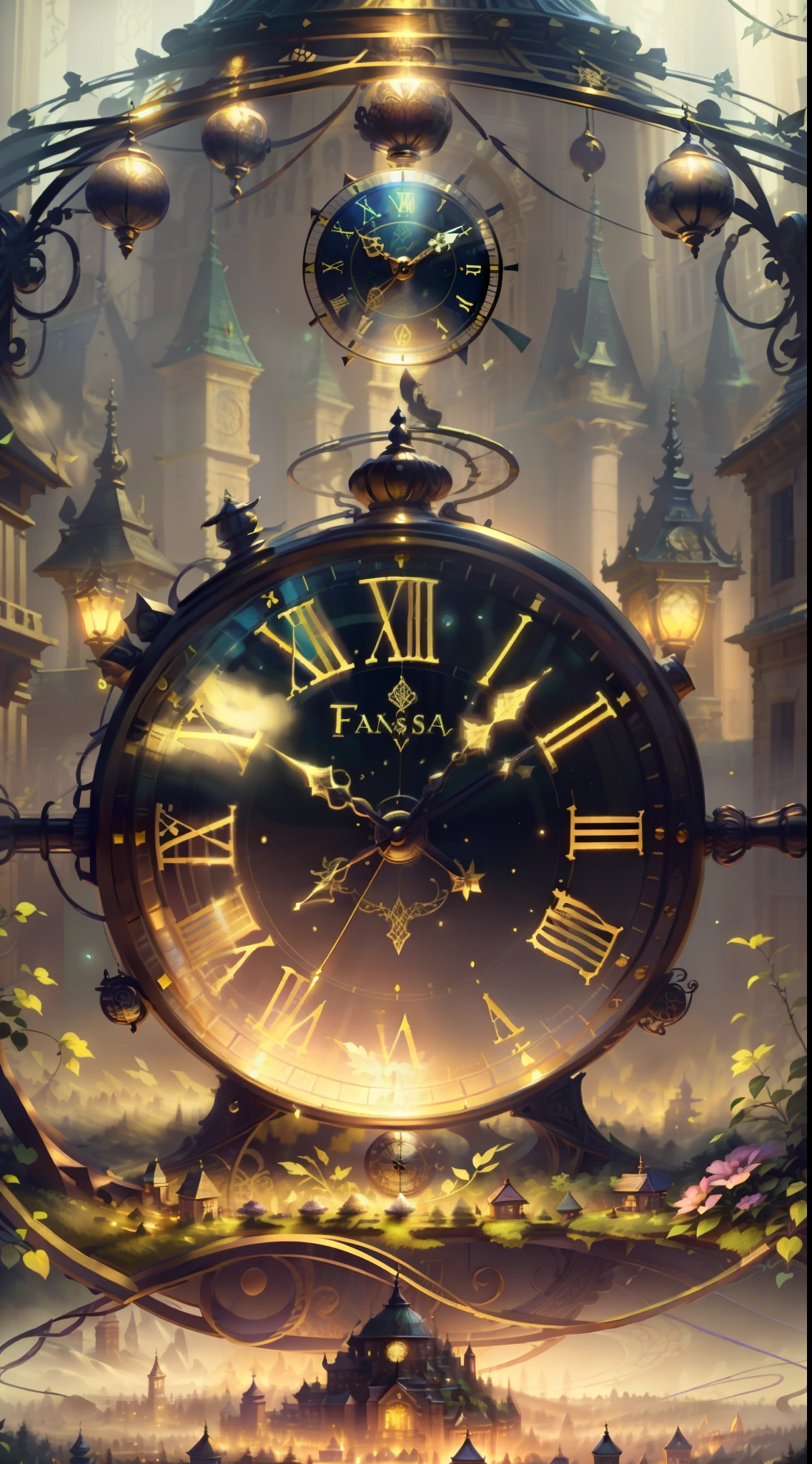 Photo of a large hand holding an antique gold watch, A mini city under the clock, magia-fantasia-florta, Arte Digital, most amazing art in the world, ((Sem humanos)), light volumetric, cores suaves equilibradas, Florta Scenery, videiras, UHD, render de octanas 8k, Magia, Awesome, Ethereal, intrincado, design intrincado, Ultra sharp, Sombras, cores mais frias, trend in CGSociety, ((melhor qualidade)), ((obra-prima)), (detalhado), antique clock