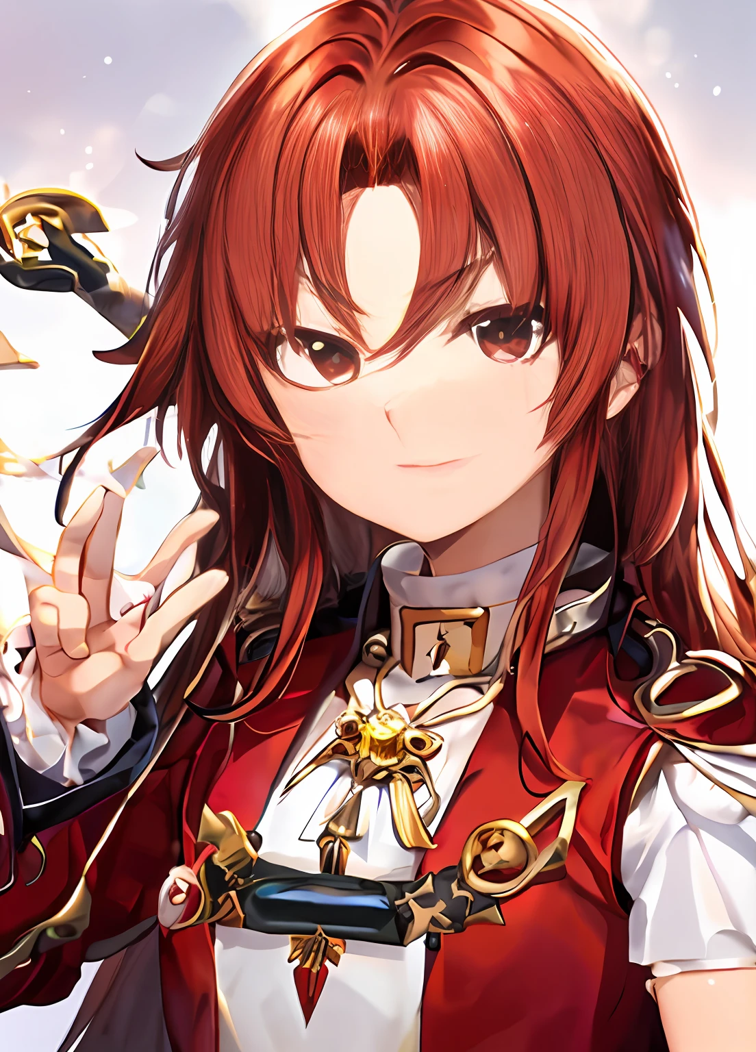 A closeup of a woman in a red suit with a chain around her neck, knights of zodiac girl, Saint Seiya, portrait knights of zodiac girl, Dia de Joana, Ciborgue sereia com um chicote laser, Angewoman Glamorous Digimon, em jojo\A Aventura Bizarra, Senhora Palutena, Arte do local, inspirado em Bartolomeo Vivarini, Torres, rosto detalhado, (((foto de corpo inteiro))), correndo , concentrando magia vermelha na ponta de uma espada, rindo loucamente