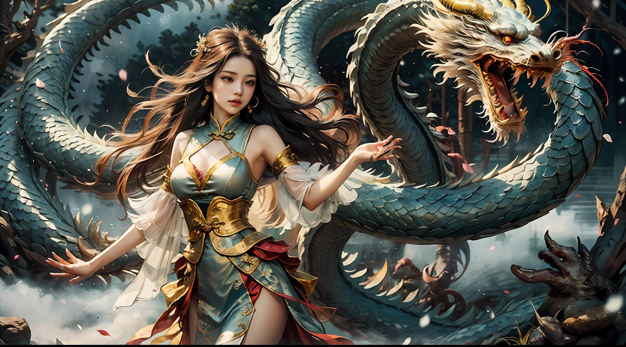 Dragon_Real, Flame Long dragon, Chinese dragon, paws, serpentine body, sharp eyes, ((best quality)), ((masterpiece)), ((realistic)), ((18-year-old girl in Chinese clothes, flowing hair adorned with a beautiful hair ornament, standing amidst flying flower petals with a majestic dragon wrapped around her)), Haircut model by Choppy layers, possed is Standing in the doorway pose, sharp grey-blue, shooting angle is Bird's-eye view, Be mesmerized by the enchanting sight of an 18-year-old girl donned in elegant Chinese attire, her flowing hair gracefully embellished with a captivating hair ornament. As flower petals sway in the wind around her, a majestic dragon wraps its serpentine body around her, creating a scene of mythical allure. Immersed in the deepest jungle river of a rainforest village, the lush greenery and vibrant flora surround them. Runes adorn the landscape, imbuing an air of ancient mysticism. The duo stands atop a mist-covered mountain, where snow-capped peaks reach for the sky. Soft light illuminates the girl's face, casting gentle shadows and capturing her ethereal beauty. Bokeh and distant neon lights add a touch of magic from afar, creating a dreamlike ambiance. The blurry background further enhances the cinematic quality, drawing attention to the splendid and hyper-detailed composition. Prepare to be captivated by the seamless blend of natural elements and fantasy in this artistic masterpiece.