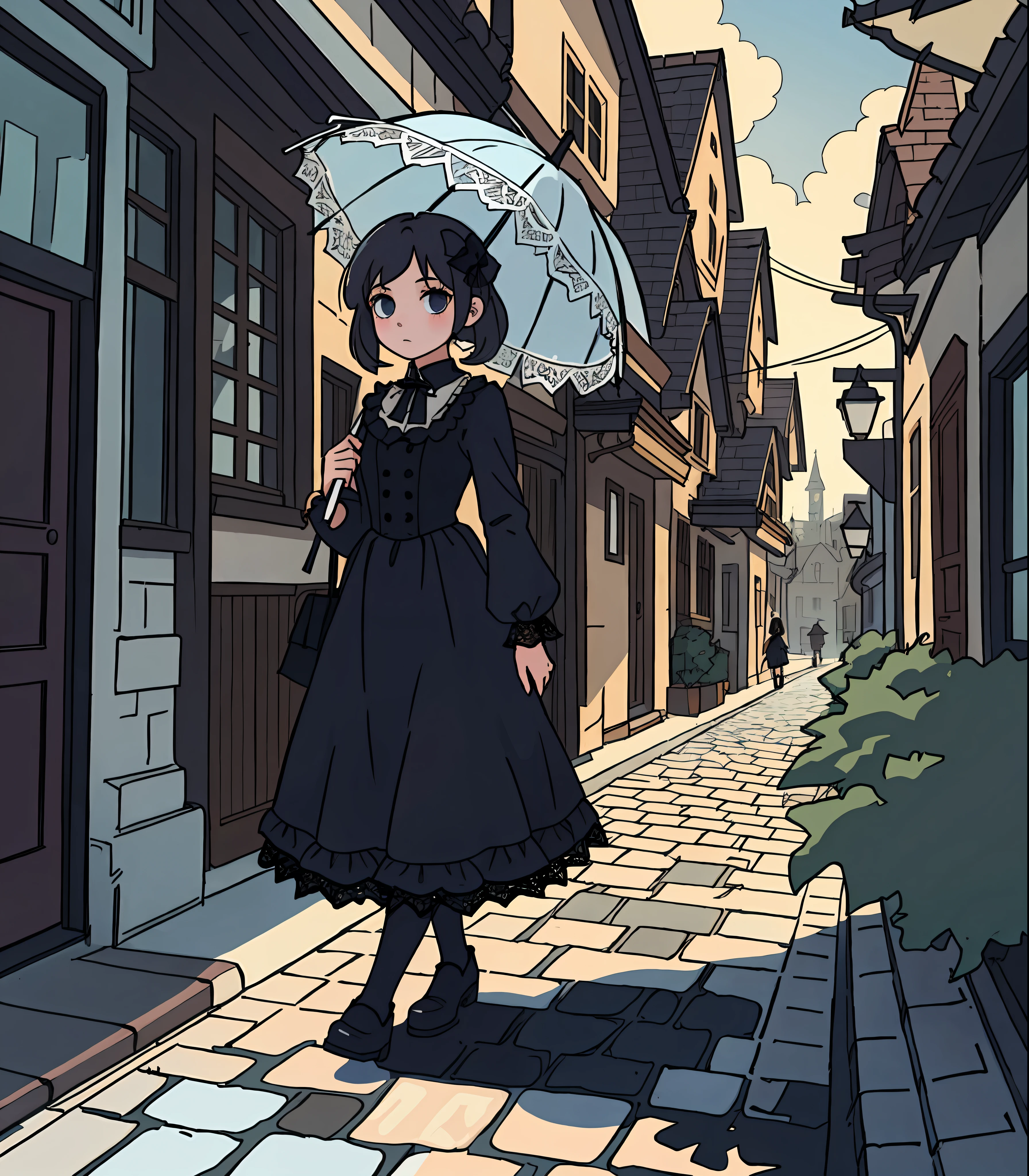 1girl, solo, gothic lolita, (holding a lace parasol), walking down an empty street, masterpiece, looking at viewer, beautiful scenery
