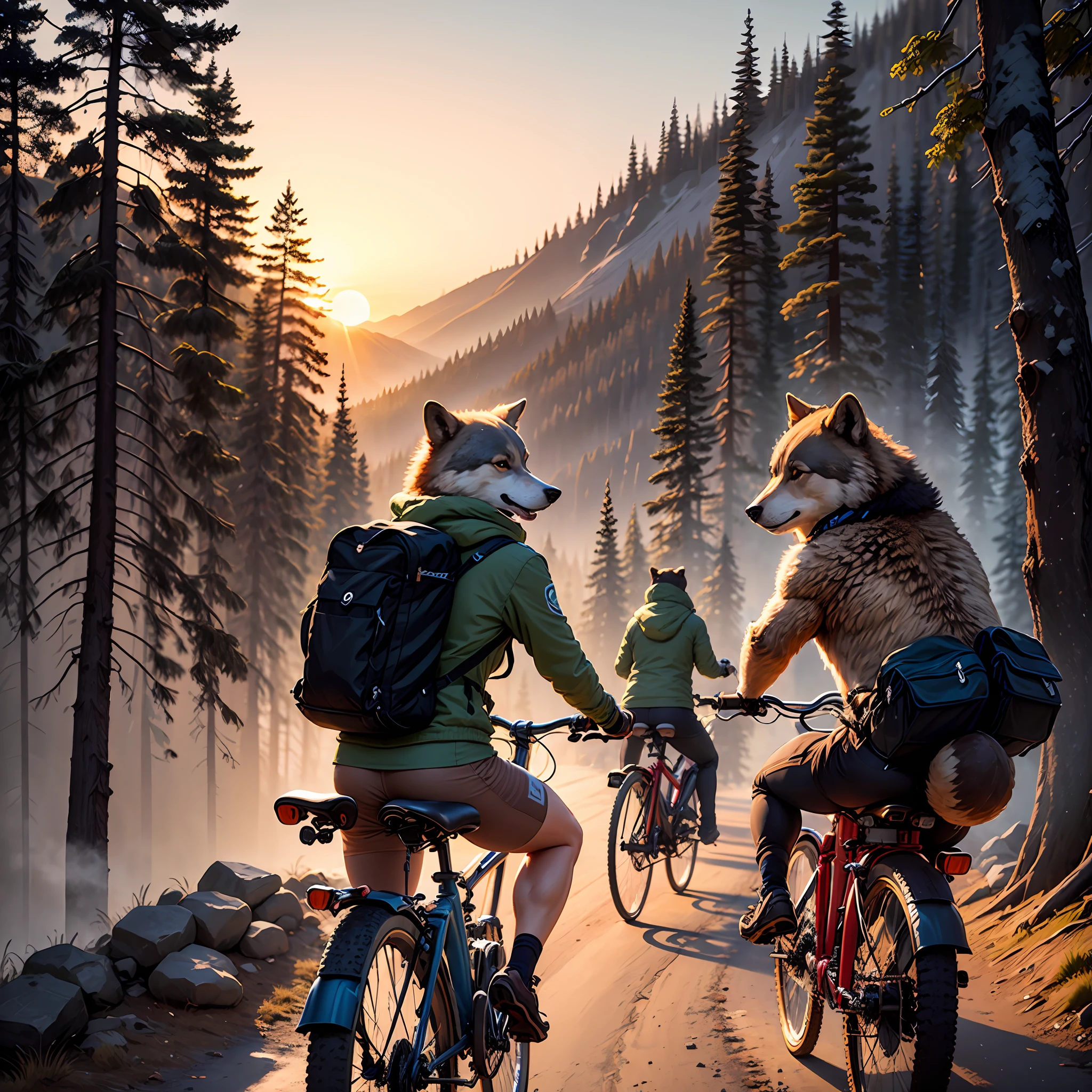 bikepacking,Bicycles, canyons, forests, sunsets, waterfalls, wolves carrying bags, bears riding bicycles --auto