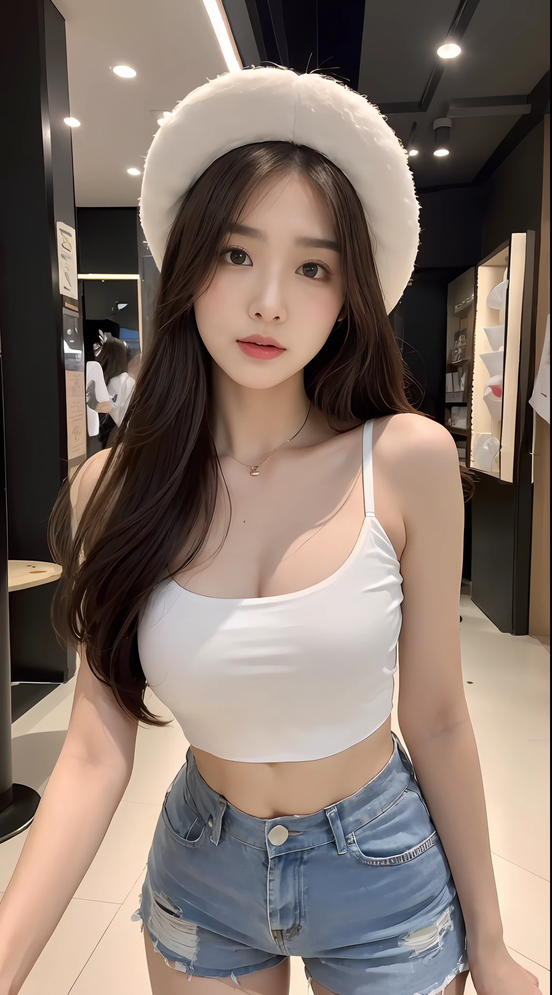 ((best qualtiy, 8k, tmasterpiece:1.3)), (Flower Cap:1.3),Focus:1.2, perfect figure beautiful woman:1.4, Cocked buttocks:1.2, ((Cut hair in layers:1.2)), , (dark Street:1.3), Highly detailed facial and skin texture, full bodyesbian,A detailed eye, 二重まぶた,Whiten skin,long whitr hair,(with a round face:1.5),(pink lace bra,Pink lace panties,Leaky long legs)((mall))