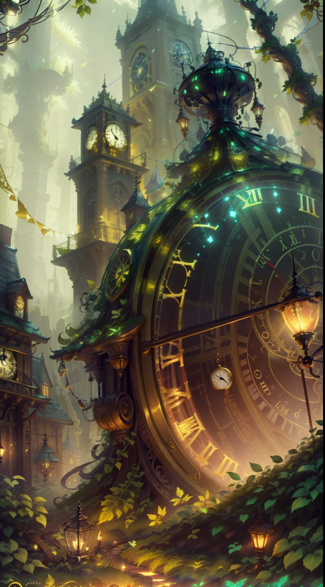 Photo of a large hand holding an antique gold watch, A mini city under the clock, magia-fantasia-florta, Arte Digital, most amazing art in the world, ((Sem humanos)), light volumetric, cores suaves equilibradas, Florta Scenery, videiras, UHD, render de octanas 8k, Magia, Awesome, Ethereal, intrincado, design intrincado, Ultra sharp, Sombras, cores mais frias, trend in CGSociety, ((melhor qualidade)), ((obra-prima)), (detalhado), antique clock