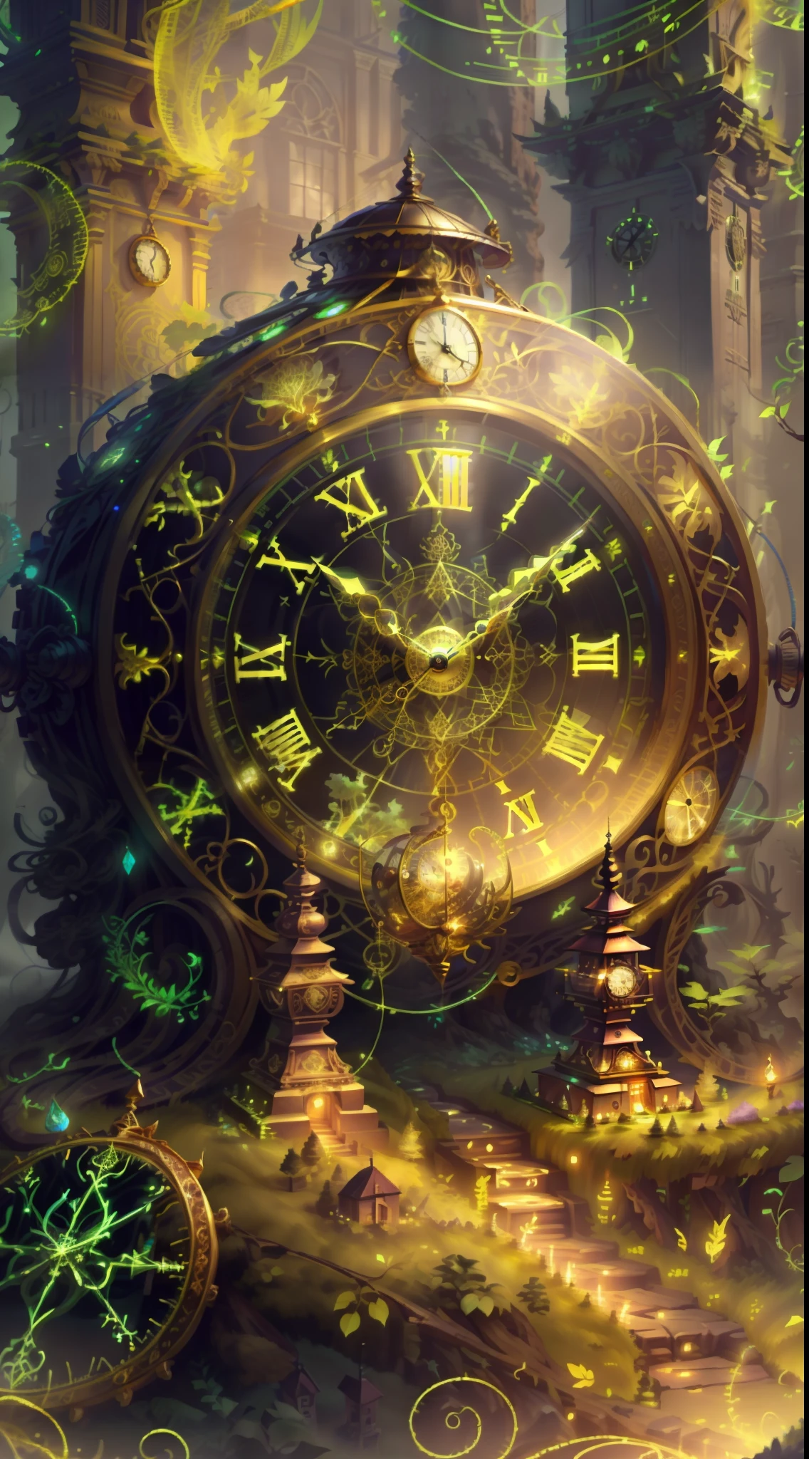 Photo of a large hand holding an antique gold watch, A mini city under the clock, magia-fantasia-florta, Arte Digital, most amazing art in the world, ((Sem humanos)), light volumetric, cores suaves equilibradas, Florta Scenery, videiras, UHD, render de octanas 8k, Magia, Awesome, Ethereal, intrincado, design intrincado, Ultra sharp, Sombras, cores mais frias, trend in CGSociety, ((melhor qualidade)), ((obra-prima)), (detalhado), antique clock