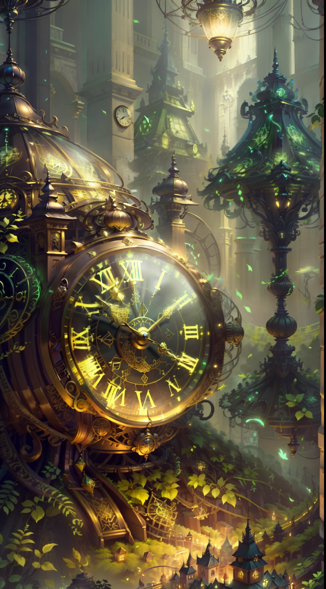 Photo of a large hand holding an antique gold watch, A mini city under the clock, magia-fantasia-florta, Arte Digital, most amazing art in the world, ((Sem humanos)), light volumetric, cores suaves equilibradas, Florta Scenery, videiras, UHD, render de octanas 8k, Magia, Awesome, Ethereal, intrincado, design intrincado, Ultra sharp, Sombras, cores mais frias, trend in CGSociety, ((melhor qualidade)), ((obra-prima)), (detalhado), antique clock