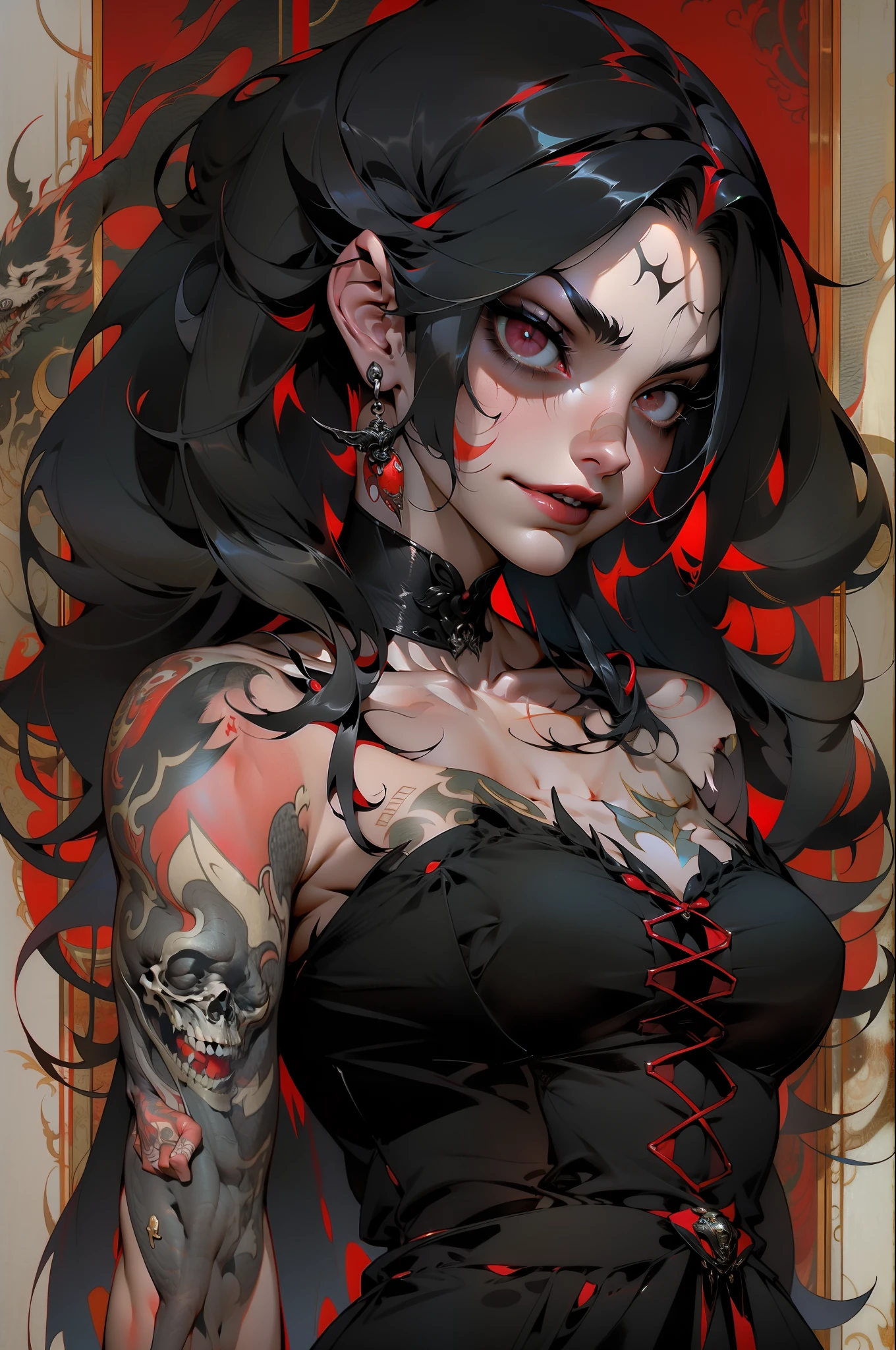 Garota vampiro, caninos compridos, roupa vermelha, sorriso malicioso, cabelo longo preto, Short strapless dress, mostrando grande parte dos seio grandes, decote generoso, Bare arms with horror tattoos, pose sensual, morcegos voando em volta, Gothic visual, rosto lindo, corpo perfeito