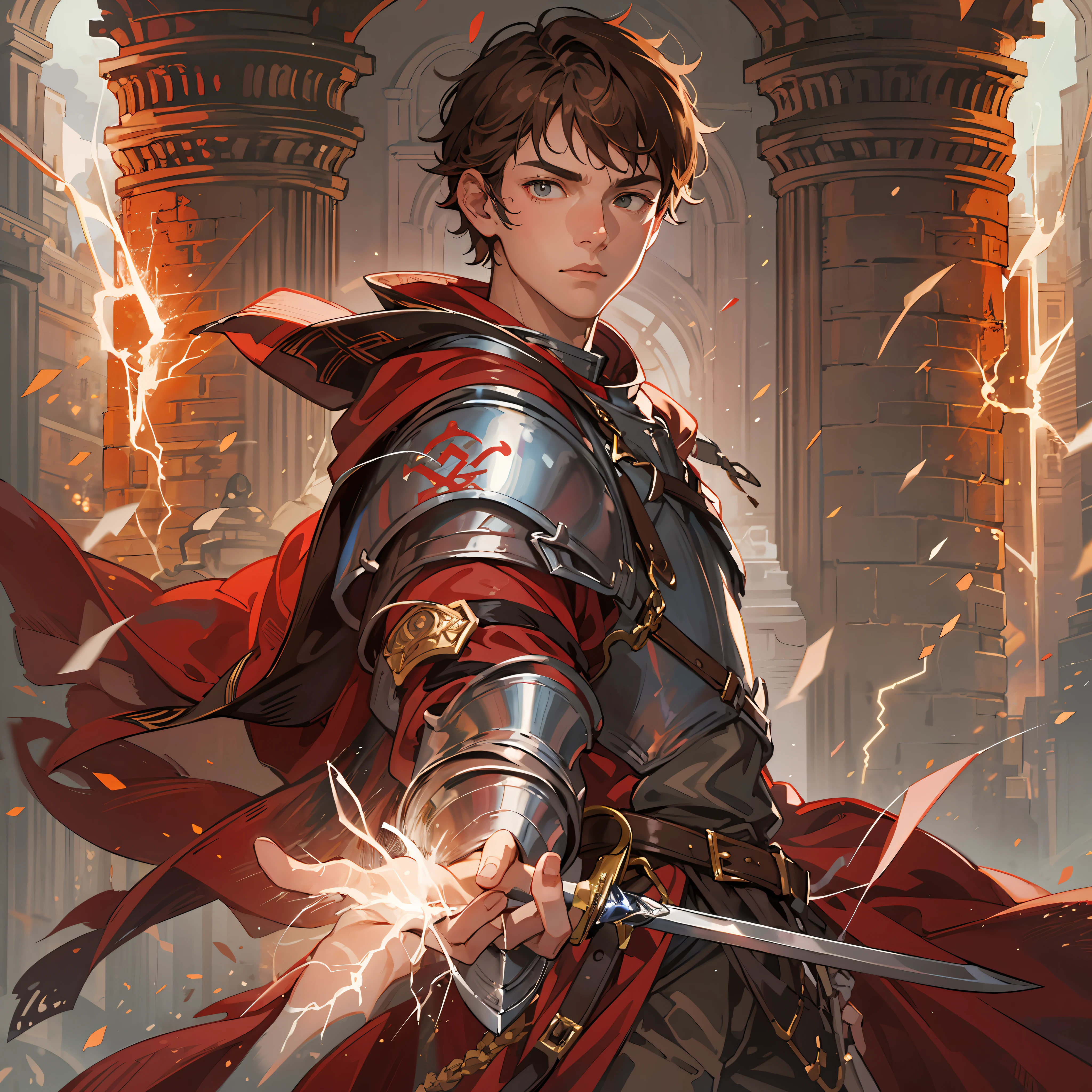 a -yeld te1 boy as a swordsman, sword, brown short hair, brown short hair parted in the middle, without a beard, without a goatee, no facial hair, silver colored medieval knight armor, red clothes, with magical lightning bolts on his body, magical runes