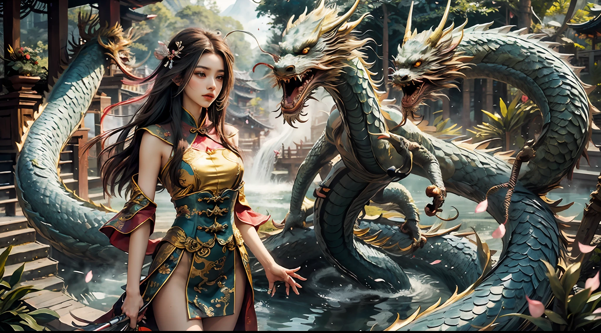 Dragon_Real, Flame Long dragon, Chinese dragon, paws, serpentine body, sharp eyes, ((best quality)), ((masterpiece)), ((realistic)), ((18-year-old girl in Chinese clothes, flowing hair adorned with a beautiful hair ornament, standing amidst flying flower petals with a majestic dragon wrapped around her)), Haircut model by Choppy layers, possed is Standing in the doorway pose, sharp grey-blue, shooting angle is Bird's-eye view, Be mesmerized by the enchanting sight of an 18-year-old girl donned in elegant Chinese attire, her flowing hair gracefully embellished with a captivating hair ornament. As flower petals sway in the wind around her, a majestic dragon wraps its serpentine body around her, creating a scene of mythical allure. Immersed in the deepest jungle river of a rainforest village, the lush greenery and vibrant flora surround them. Runes adorn the landscape, imbuing an air of ancient mysticism. The duo stands atop a mist-covered mountain, where snow-capped peaks reach for the sky. Soft light illuminates the girl's face, casting gentle shadows and capturing her ethereal beauty. Bokeh and distant neon lights add a touch of magic from afar, creating a dreamlike ambiance. The blurry background further enhances the cinematic quality, drawing attention to the splendid and hyper-detailed composition. Prepare to be captivated by the seamless blend of natural elements and fantasy in this artistic masterpiece.