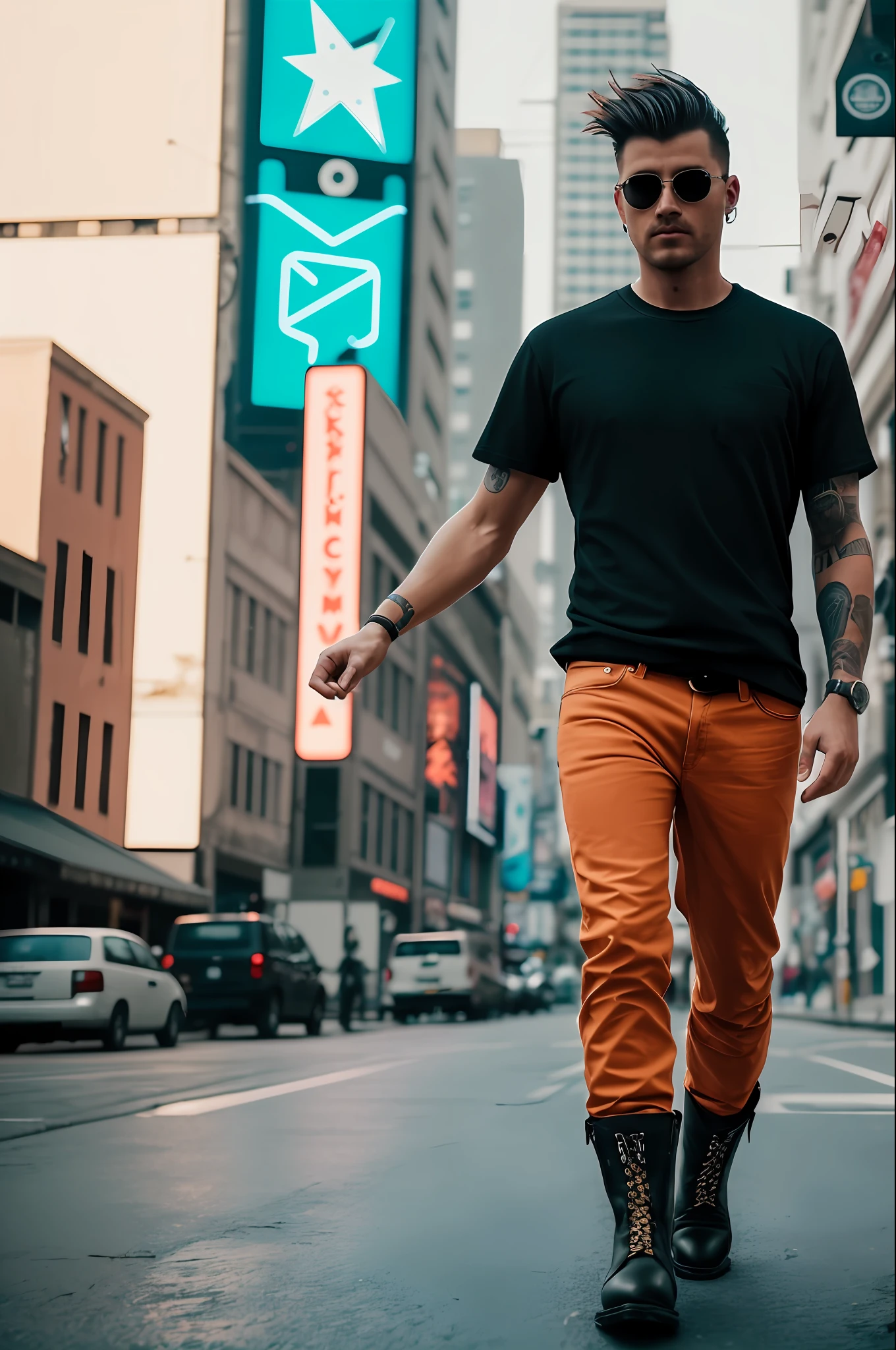 cinematic still shot, 1 man, plain black tee-shirt tshirt, punk hair style, lose Jean's, boots, cyberpunk, walking on the moon , bladerunner, orange tone, look at viewer, (cowboy view:1)
(35mmstyle:1.1), front, masterpiece, (photorealistic:1.3), high frequency details, 35mm film, (film grain), film noise, cinematic lighting