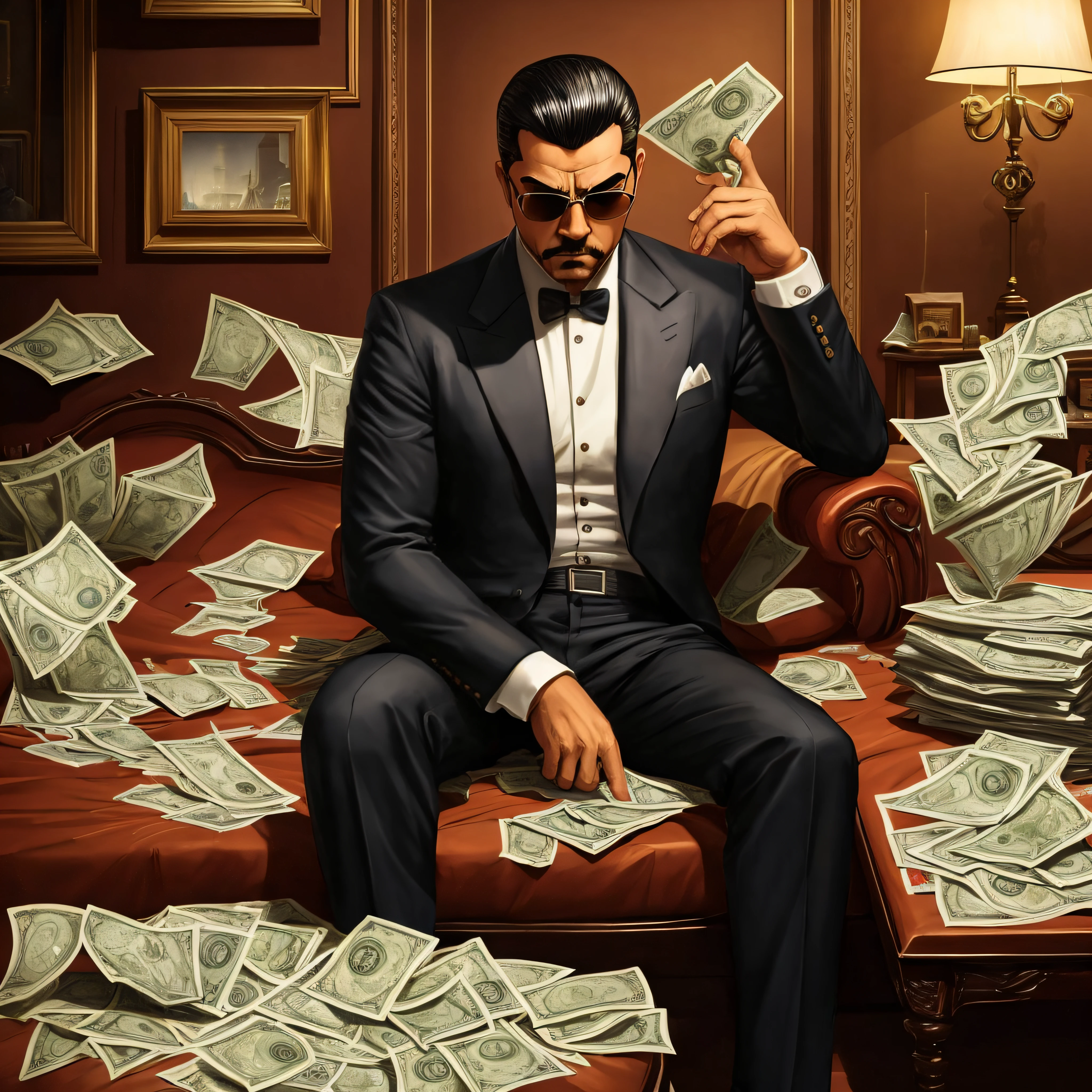 "Figura caricatural de um gangster, sitting on his bed counting bills of money with satisfaction and admiration, em um quarto iluminado, Repleto de riqueza; dinheiro, dinheiro, e mais dinheiro, All this in an atmosphere inspired by the classic style of pulp art."