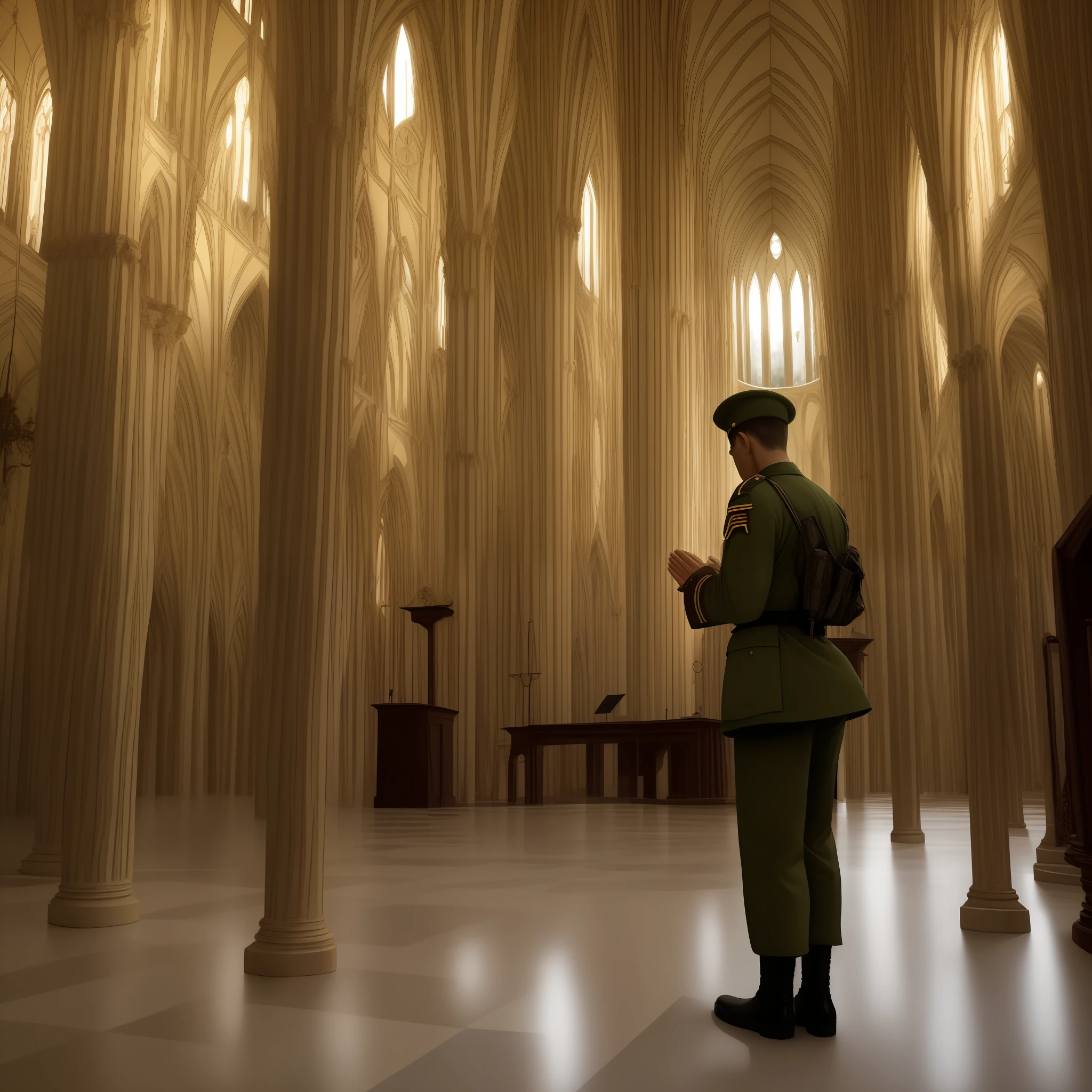 Create an image of a German soldier in a moment of reflection or prayer, talvez em uma capela ou igreja. --auto