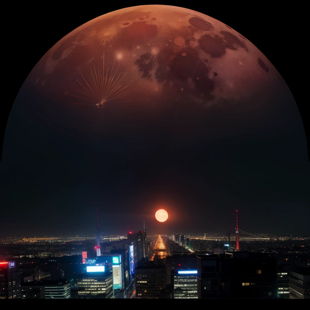 city, skyline, sunset, large moon, red moon, moon in frame center, grainy