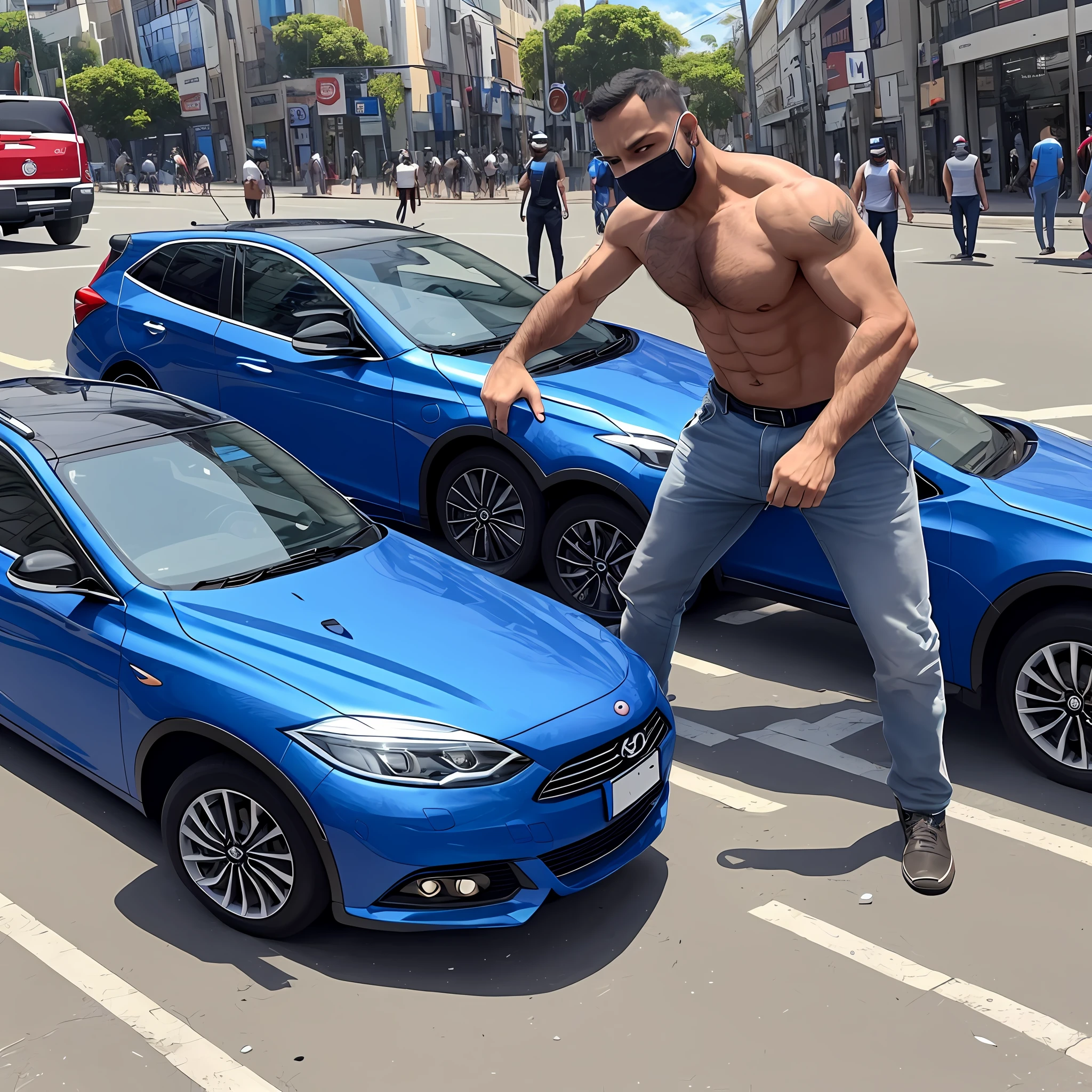 Homem forte  com casaco de couro na rua --auto