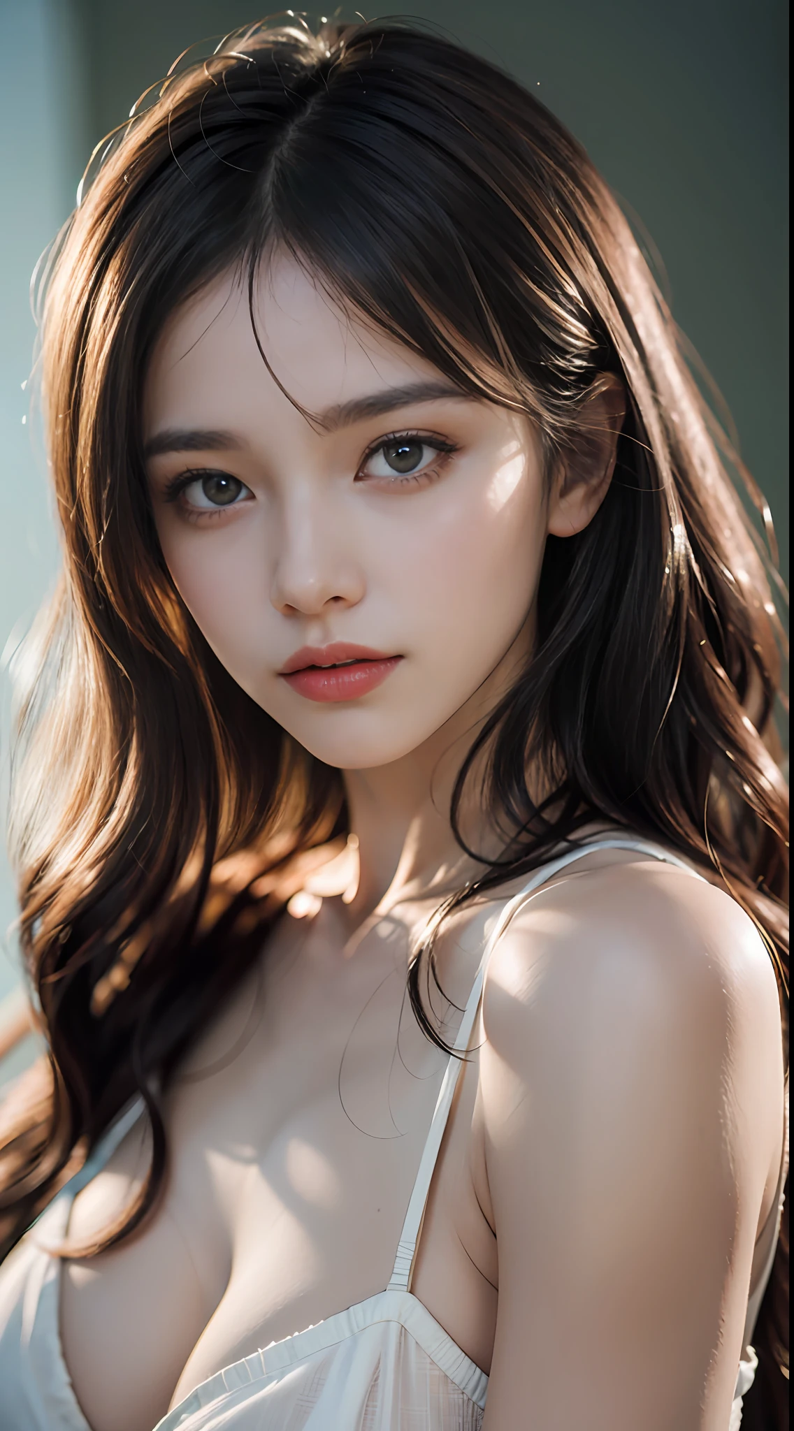 film portrait photography, 1girl, bare shoulders, wavy shoulder-length hair, serene, calm, (realistic detailed eyes, natural skin texture, realistic face details), soft dramatic lighting, depth of field, bokeh, vibrant details, finely detailed, hyperrealistic, 35mm film, hazy blur