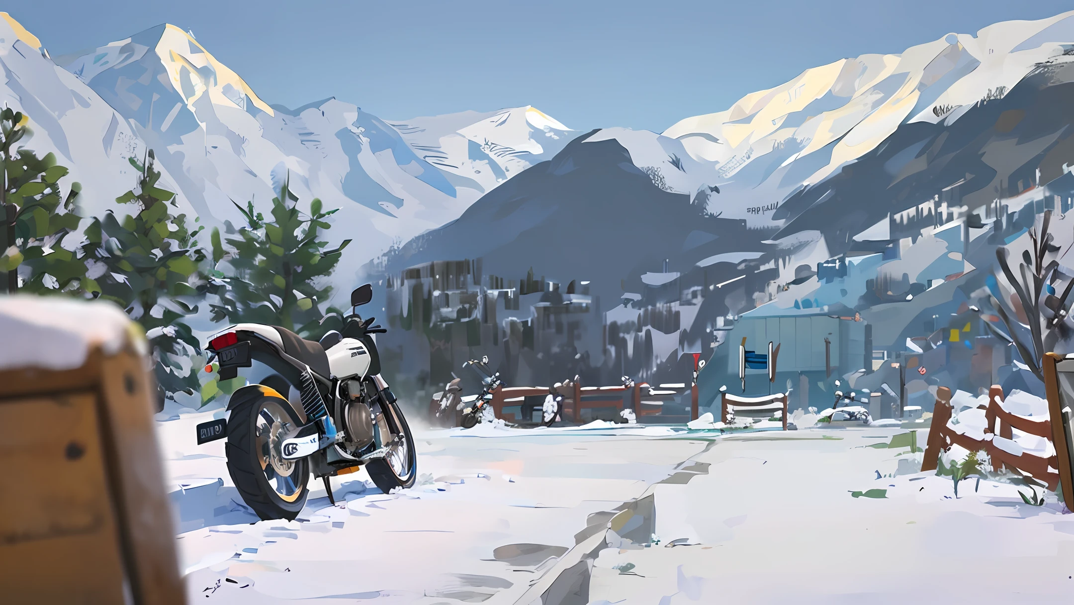 the motorcycle,Pixel wind,Snowy mountains in background,Park downstairs at the coffee shop next to the road