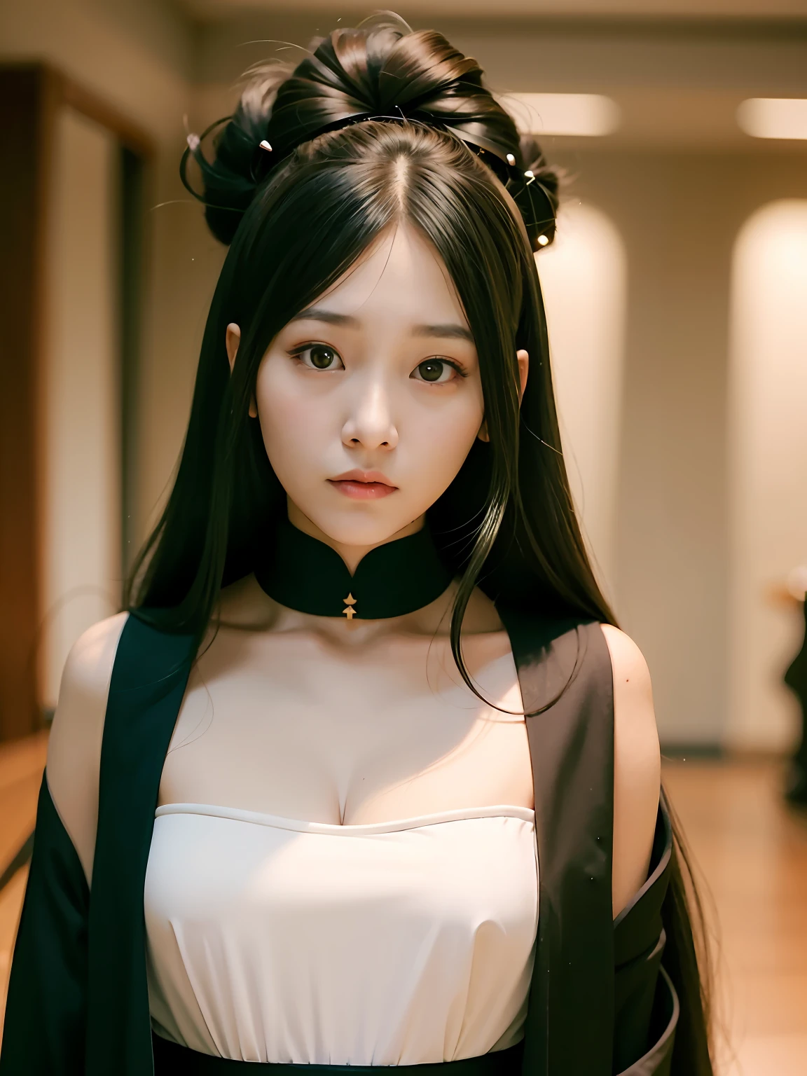 a close up of a woman with long black hair wearing a black dress, jaeyeon nam, Kim Tae-joon, Shin Jinying, Choi Hyun-hwa, Guviz, Soft portrait shot 8 K, seseon yoon, Lee Ji-eun, lee ji eun, cruel korean goth girl, Kim Hyun-joo, gongbi