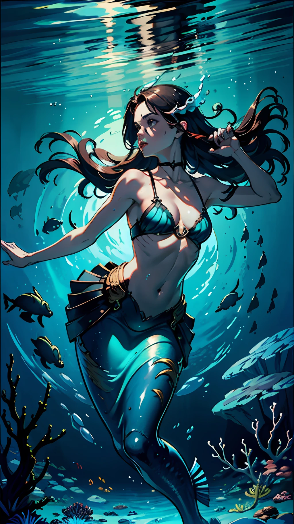 A masterpiece illustration of a mermaid swimming in the deep ocean, ((fully submerged, deep underwater)), female, petite, flat chest, bioluminessent, glowing, flowing hair, (detailed background, surrounded by dark waters, sea floor, deep ocean, submerged), leviathan barely visible in background, by sandra chevrier and greg rutkowski and wlop, bright light, digital art, highly detailed, fine detail, intricate, ornate, complex, octane render, unreal engine, photorealistic, 8k, 16k,