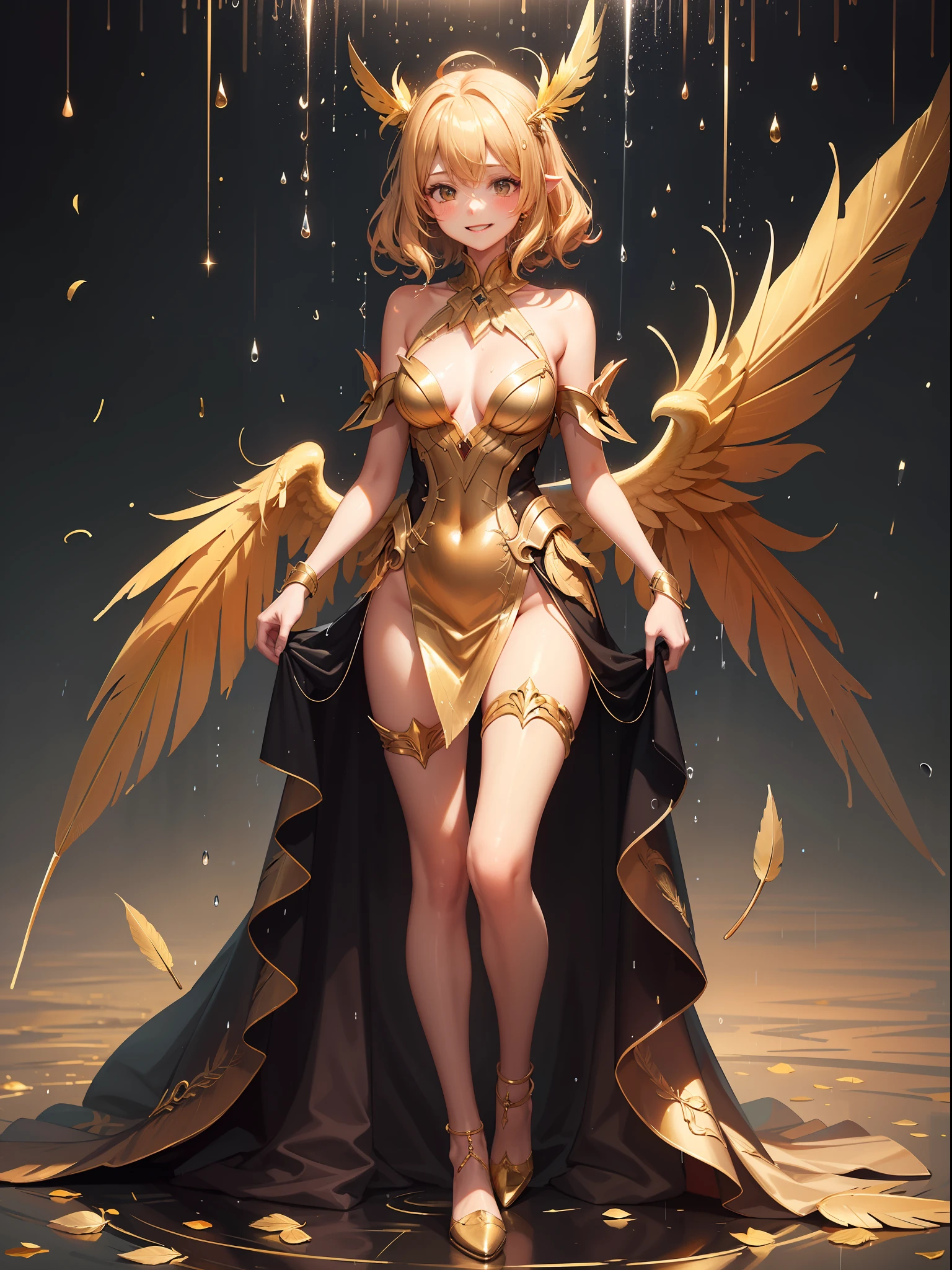Golden Angel, ((Golden Feather:1.3)), Blonde, Gold Costume, Golden Palace, ((Gold particles rain down like rays from heaven:1.3)), Kemono ears, Middle chest, smile, Blush,(Perfect body:1.1)、(Short wavy hair:1.2),Full body shot,(Very elaborate CG 8K wallpaper)(Very delicate and beautiful)(Masterpiece)(Best Quality):1.0)(Ultra High Definition:1.0), [High Resolution], Detailed Skin, Ultra Detailed ((Colorful)),