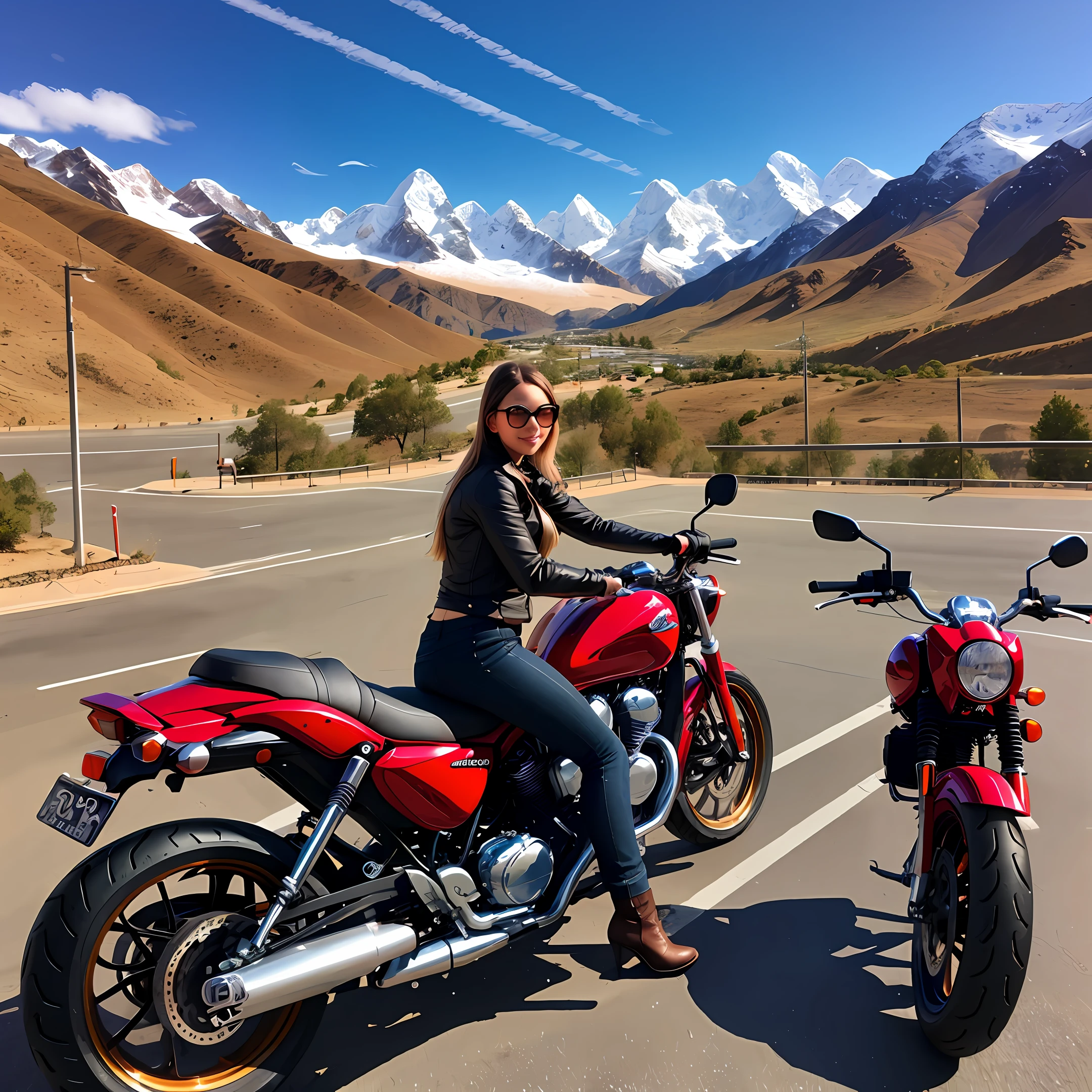 Pixel wind，Motorcycle rally models，Snowy mountains in background，Stop downstairs at a coffee spot next to the asphalt