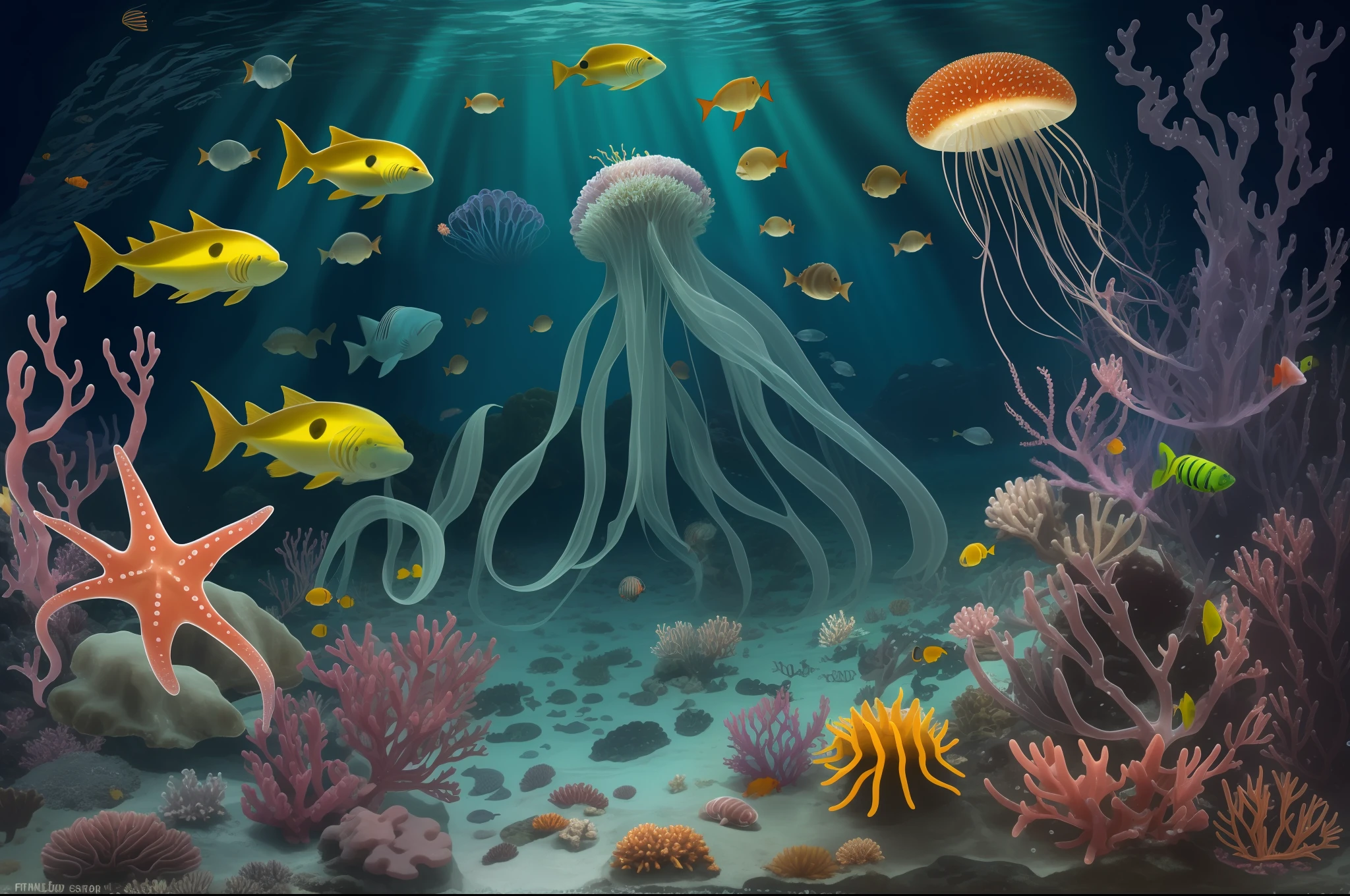 deep undersea vent, strange creatures live attached to the sea bottom, bioluminescent creatures and jellyfish float on the currents, fish scavenge the sea floor, a shark patrols, an octopopus, sea anemones, starfish, sea urchins