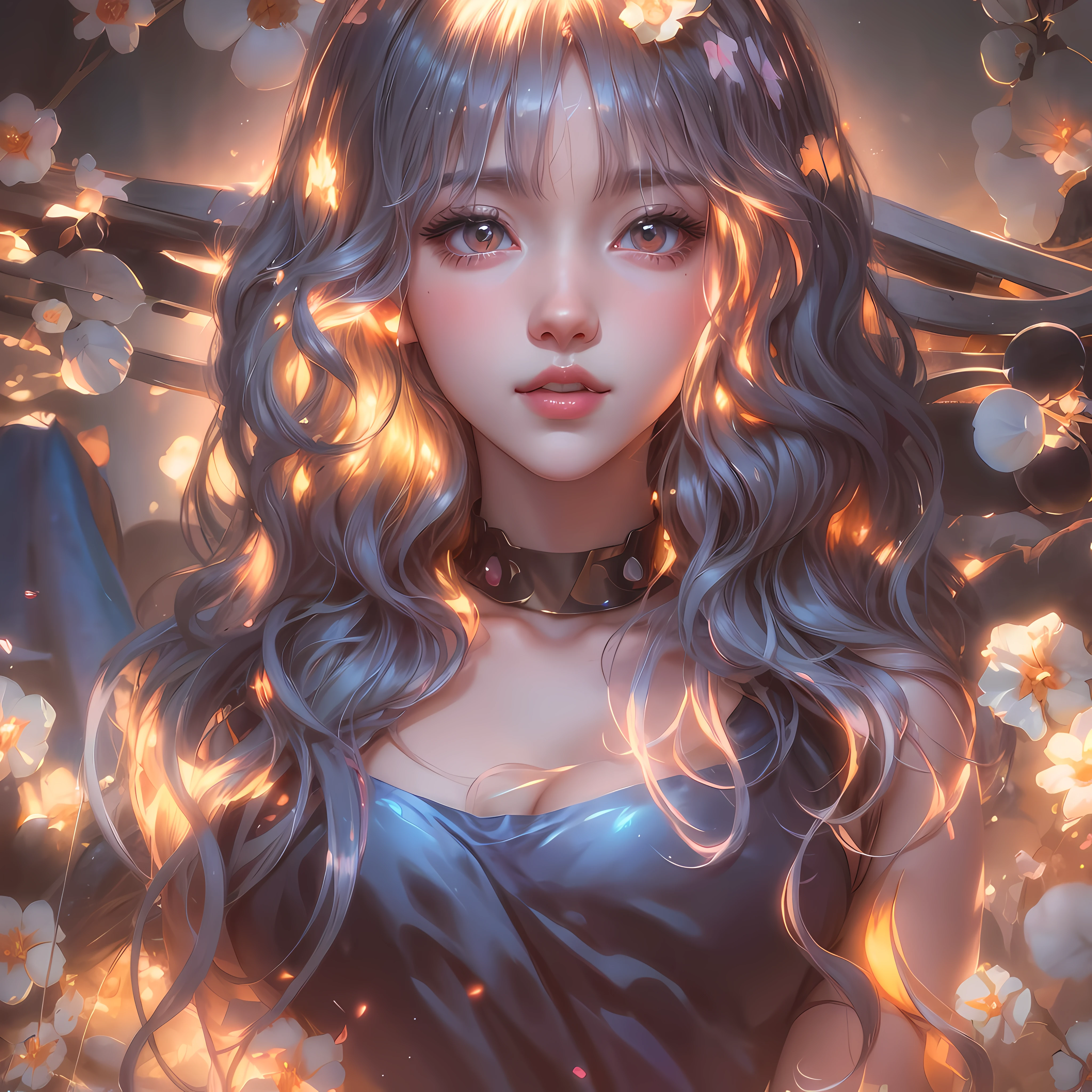 there is a girl with long  shell pink curly hair and a blue dress, beautiful anime portrait, kawaii realistic portrait, anime styled digital art, digital anime illustration, beautiful anime art style, beautiful anime style, anime girl with cosmic hair, anime style. 8k, anime style portrait, beautiful anime girl, anime digital art, anime style 4 k, digital anime art, anime style digital art,masterpiece, best quality, (extremely detailed CG unity 8k wallpaper), (best quality), (best illustration), (best shadow), absurdres, realistic lighting, (Abyss), beautiful detailed glow