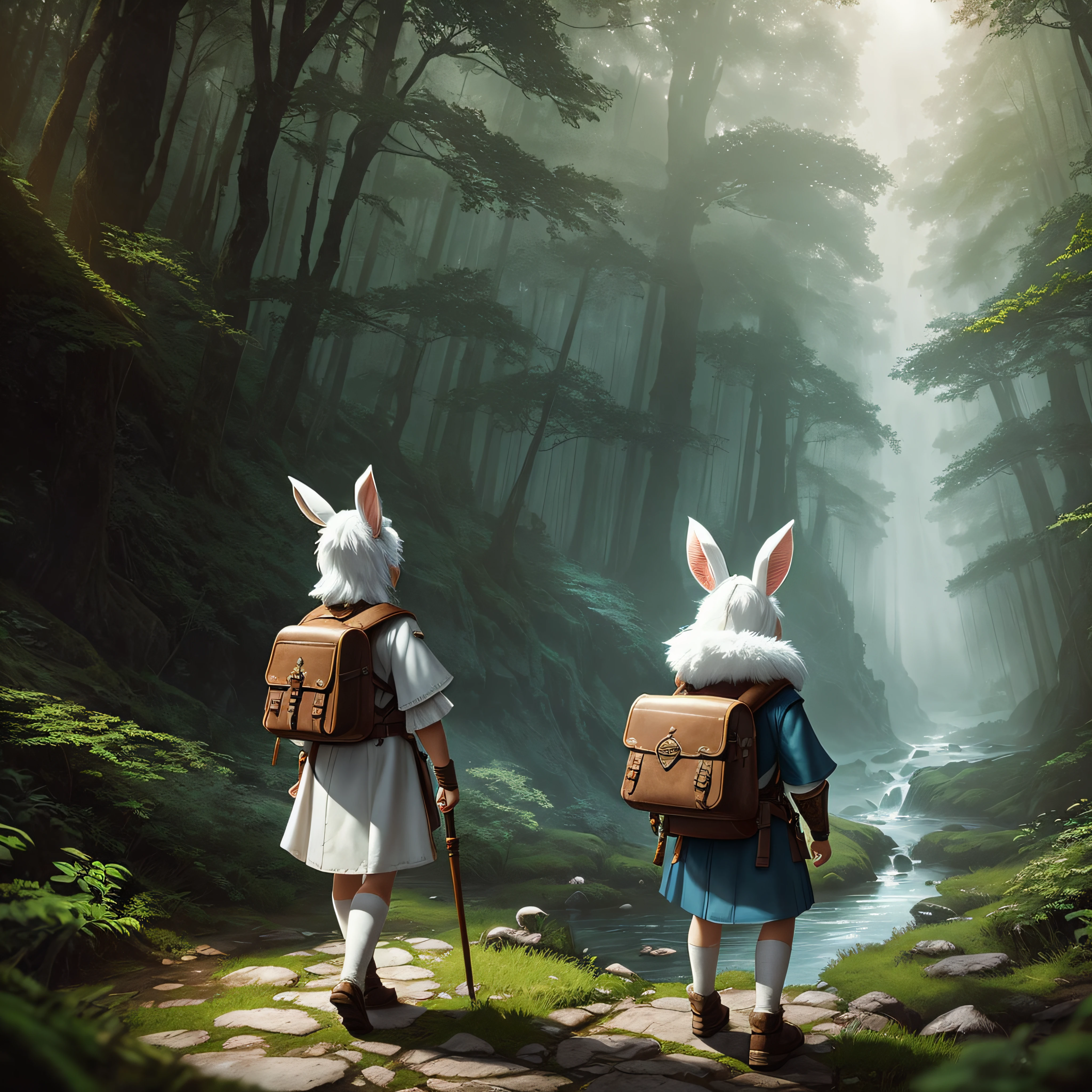 classicnegative portrait photo, fantasy video game character concept art, a cute white fluffy rabbit wearing a small brown leather backpack looking at a map hiking through a forest, dungeons and dragons, fantasy, river, haze, halation, bloom, dramatic atmosphere, 1970s dark fantasy movie, centred, rule of thirds --auto