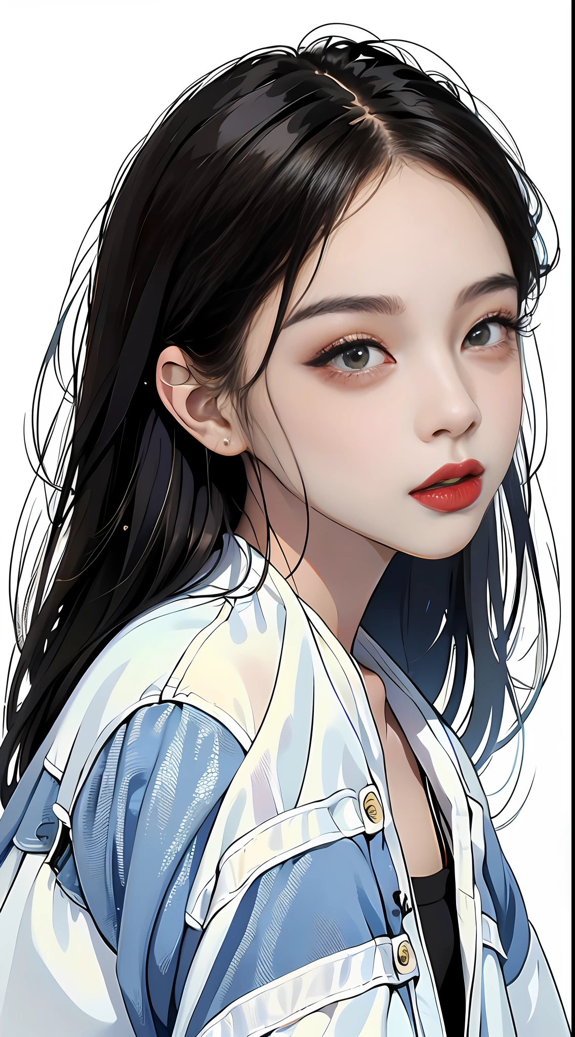 MASTERPIECE,Best),Light effect,superclear, the high,-definition picture, (front face) solo,_Kim Ji-ni Jennie face,black hair,Wear a white T-shirt,Blue denim jacket,denim shorts,front face,ID photo,upper Body,whitebackground