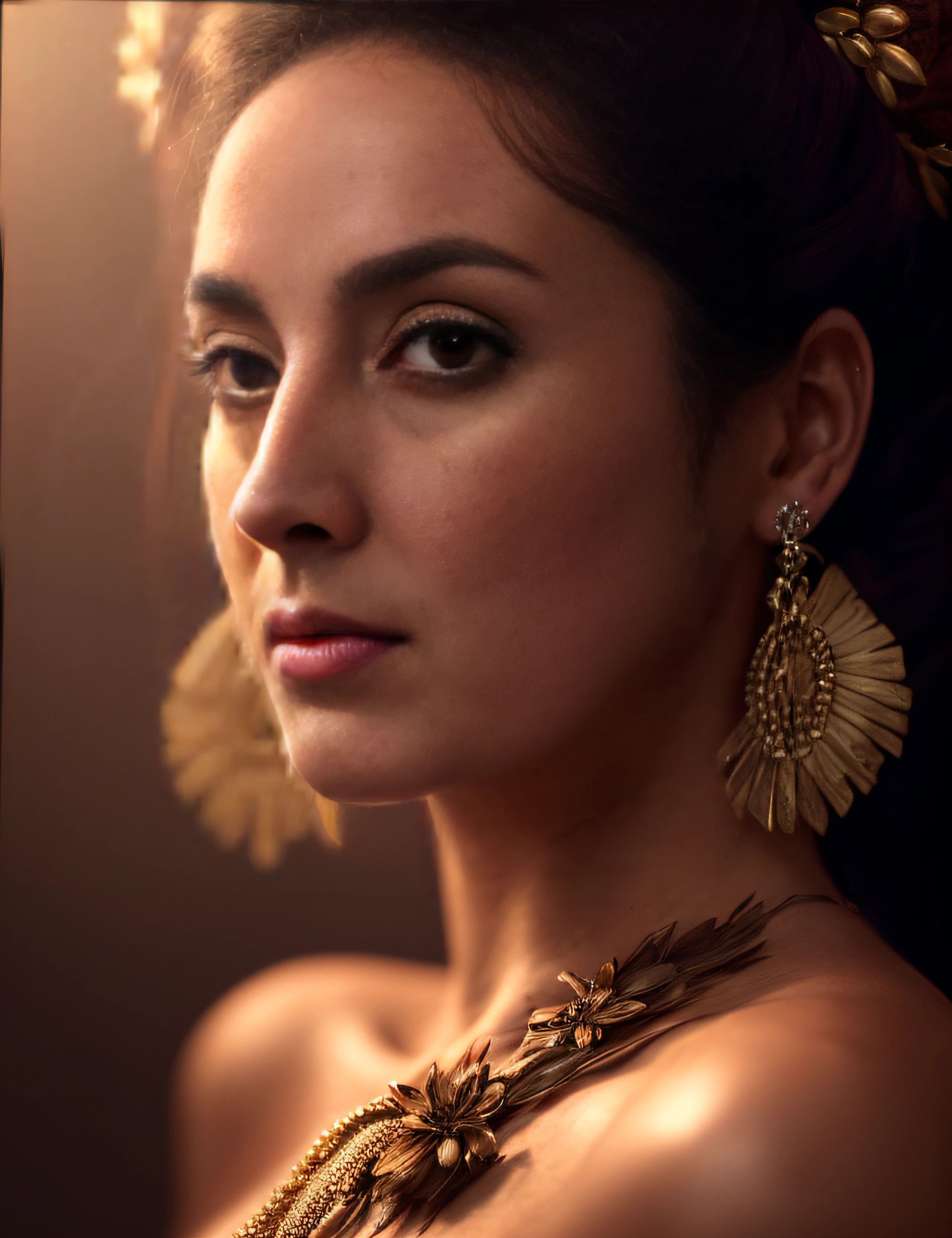 Close-up of a woman with necklace and earrings, detailed beauty portrait, sensual 8K lighting, 8K portrait rendering, cinematic close-up of a goddess, cinematic realistic portrait, realistic moody face lighting, beautiful portrait lighting, soft portrait shot 8k, goddess close-up portrait, realistic digital art 4k, Realistic 4k digital art, dramatic lighting rendering, freckles on face