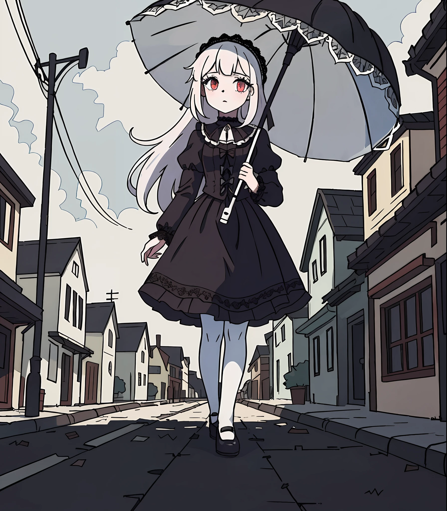 best quality, ultra high res, 1girl, solo, (gothic ta), long hair, bangs, white hair, white skin, incredibly pale skin, (holding a lace parasol), walking down an empty street, masterpiece, looking at viewer, beautiful scenery