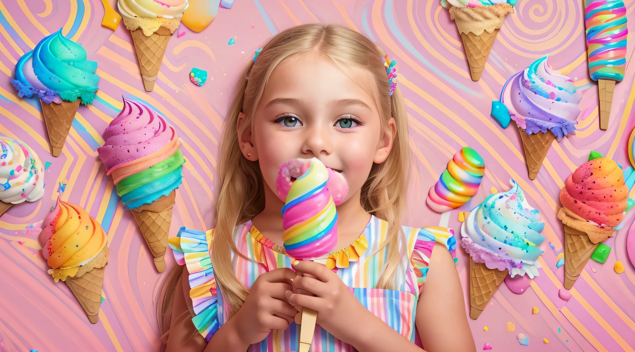 -yeld Ruan child girose up, PORTRAIT, with long blonde hair, a popsicle with a colorful layer of rainbow, ice cream, high-quality product photo, lollipop, slapstick, made of glazed and high-quality product image", pastel, made of lollipops, pastry candy, 3 4 5 3 1, gum, ice cream cone,  ice cream on the side, product introduction photo, made of cotton candy