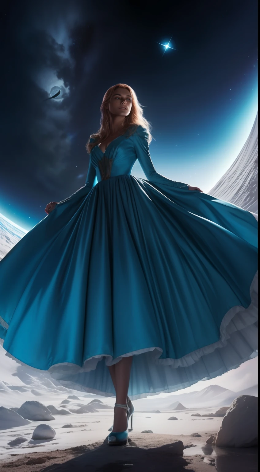 Uma linda mulher vestida de uma luz intensa, como uma estrela celeste no firmamento, cartaz de filme, alta resolução, alto contraste, maximum details, background universo, estilo Alex Ross.