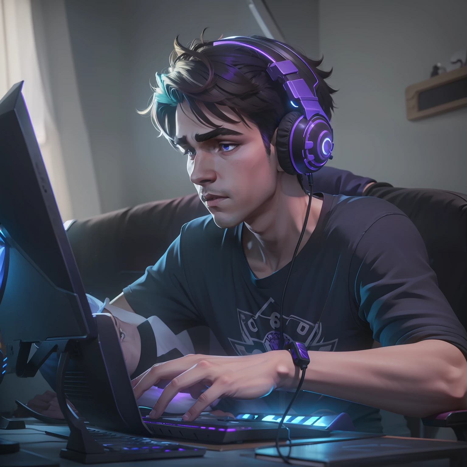 boy sitting using computer, doing live on twitch, gamer, wearing purple shirt